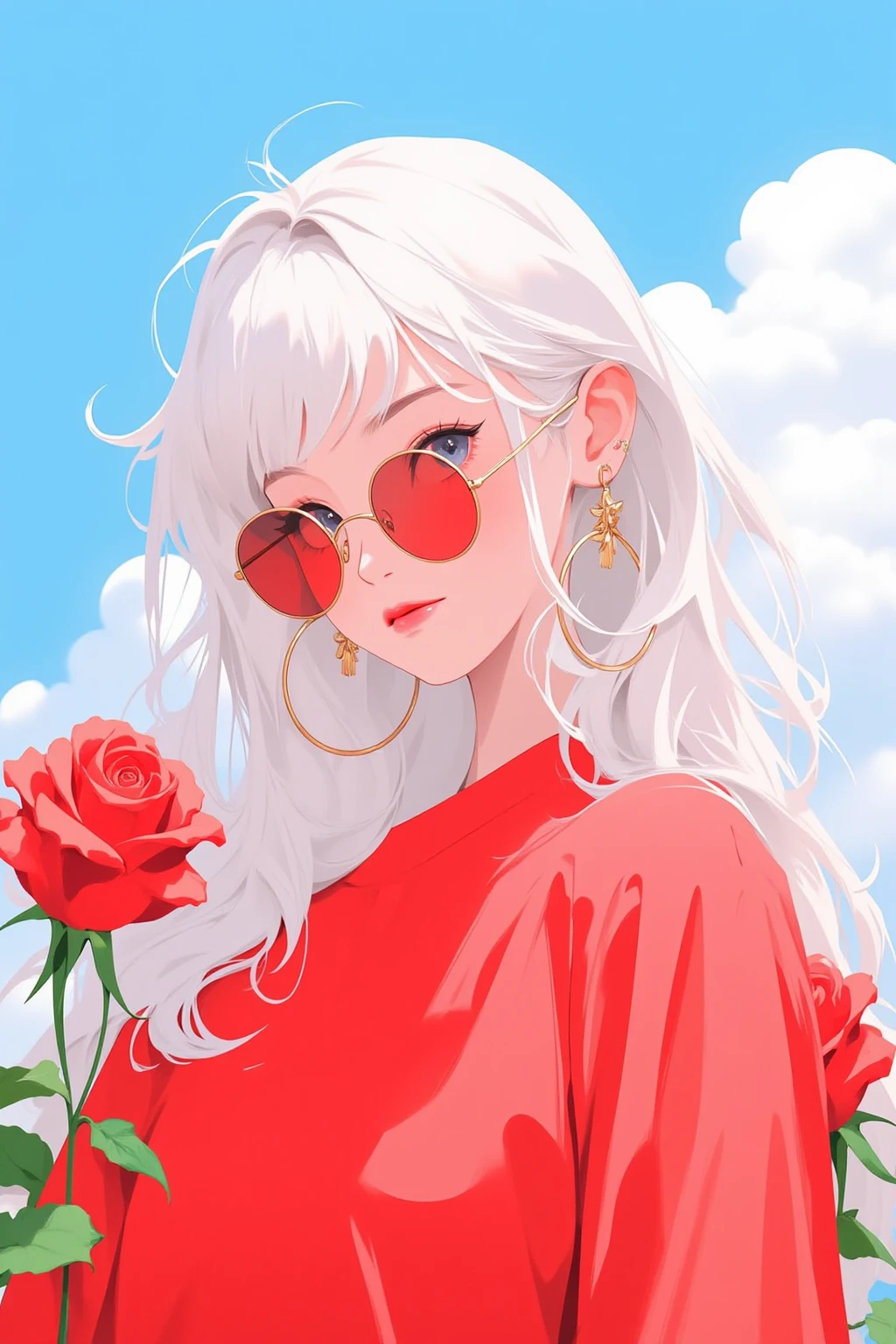 flat pic, 1girl, solo, earrings, jewelry, white hair, long hair, tinted eyewear, sky, cloud, flower, blue sky, parted lips, upper body, red-tinted eyewear, red flower, hoop earrings, looking at viewer, sunglasses, red lips, rose, red shirt, shirt, day