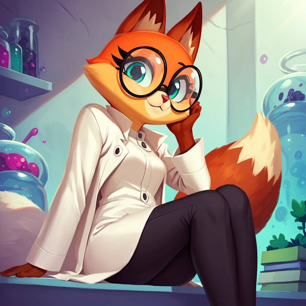 score_9, score_8_up, score_7_up, score_6_up, dr. fox, round glasses,  cute, solo, 1girl, looking at viewer, sitting, fox, labcoat, black pants