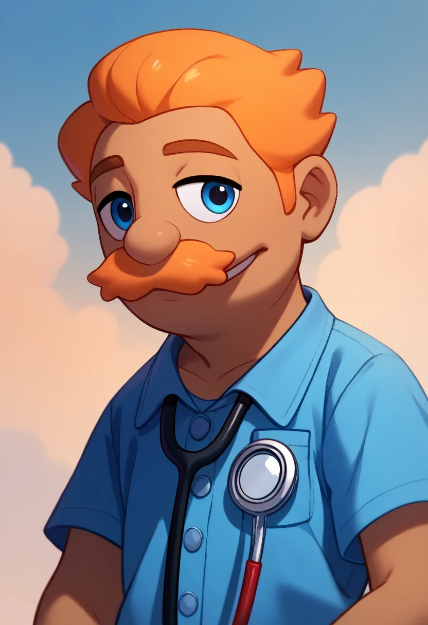 Brooklyn_guy_V2, solo, blue eyes, shirt, 1boy, upper body, male focus, short sleeves, stethoscope, sky blue shirt, doctors outfit, orange mustache, orange hair, semi dark skin