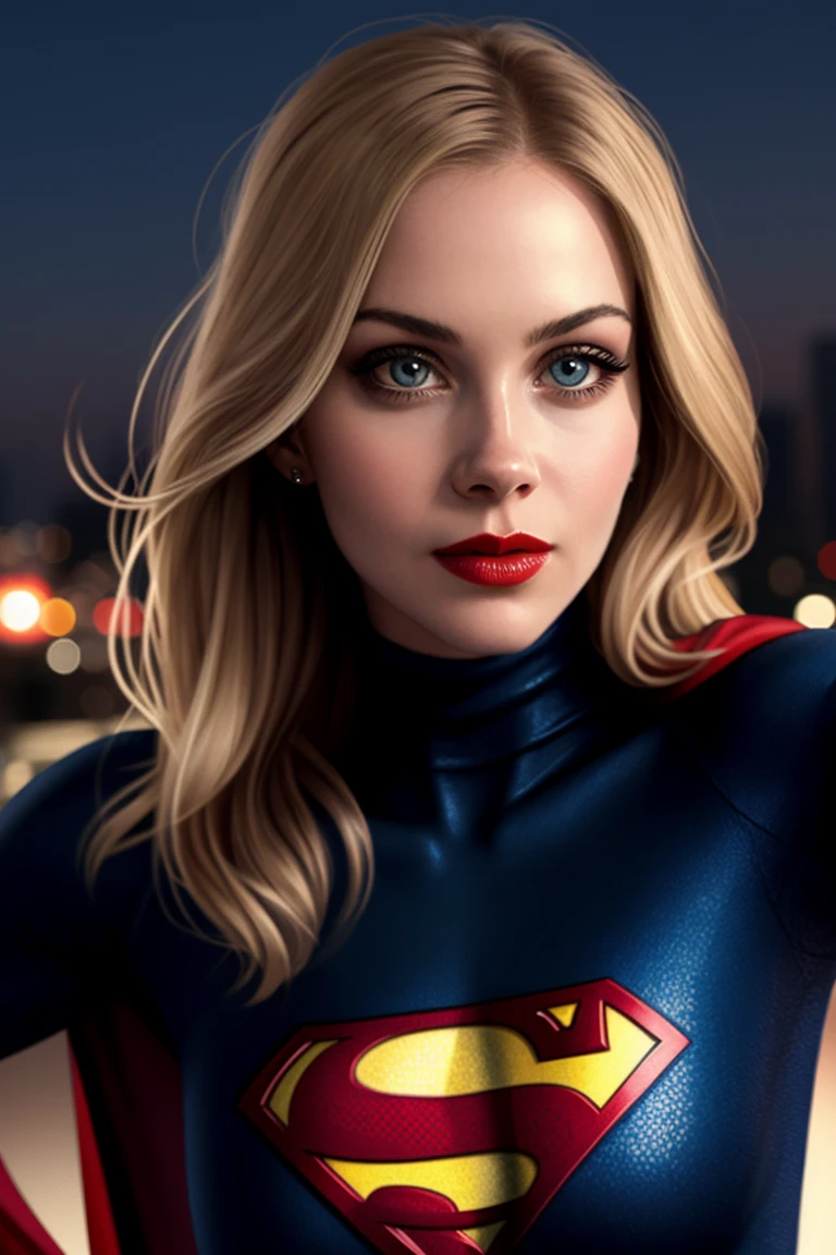 chrisapple-320,  ((detailed eyes, detailed face, masterpiece, best quality, high resolution):1.2),  ((red lipstick, blush)), ((fully clothed, modest)), , ((blonde hair)), ((modest, conservative, fully clothed):1.2) ((detailed eyes, detailed face)), (red lipstick, eye shadow, eyeliner), slight smile, , a photo of a woman, black turtleneck bodysuit, ((superman logo, cape)), at night, rooftop, serious