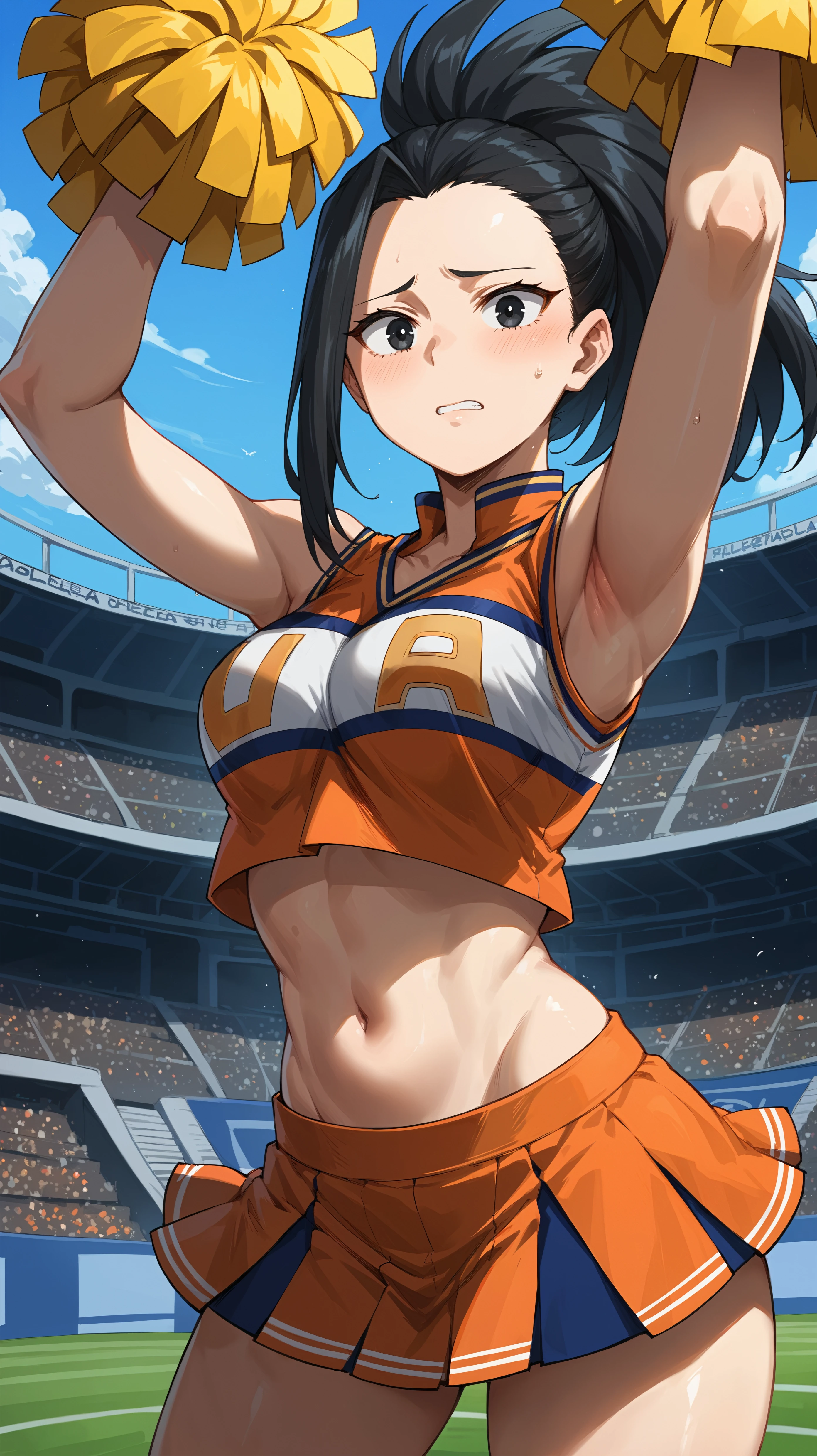 score_9,score_8_up,score_7_up,score_6_up, source_anime, <lora:xl_more_art-full_v1:0.5>, girl, dynamic pose, one hand on her hip, one hand behind her head, <lora:Momo Yaoyorozu (Creati) - Pony-000004:0.8>, long hair, black hair, high ponytail, black eyes, orange cheerleaders outfit, sleeveless, navel, orange miniskirt, yellow pompoms, stadium, bleachers, worried,