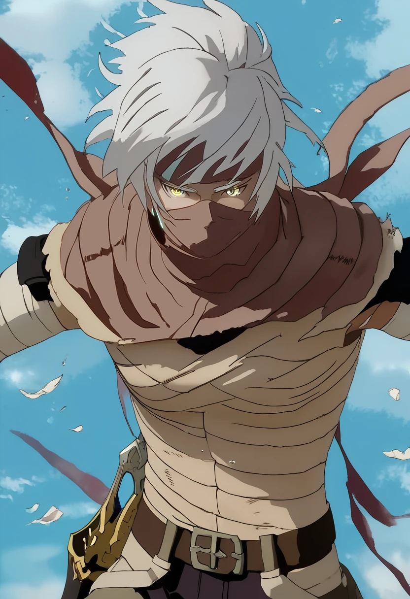 source_anime, score_9, score_8_up, score_7_up, (masterpiece:1.2), (best quality:1.3), 1boy  <lora:Iruga_Alam_Ragnarok:0.8> iruga_rota, white hair, scarf, mask, simple background, bandages, upper body, dagger, fighting stance <lora:Anime Style (Vauxz) PONY:0.8>, low-key lighting, lo-fi, glow, dynamic cinematic lighting, ray_tracing, global illumination