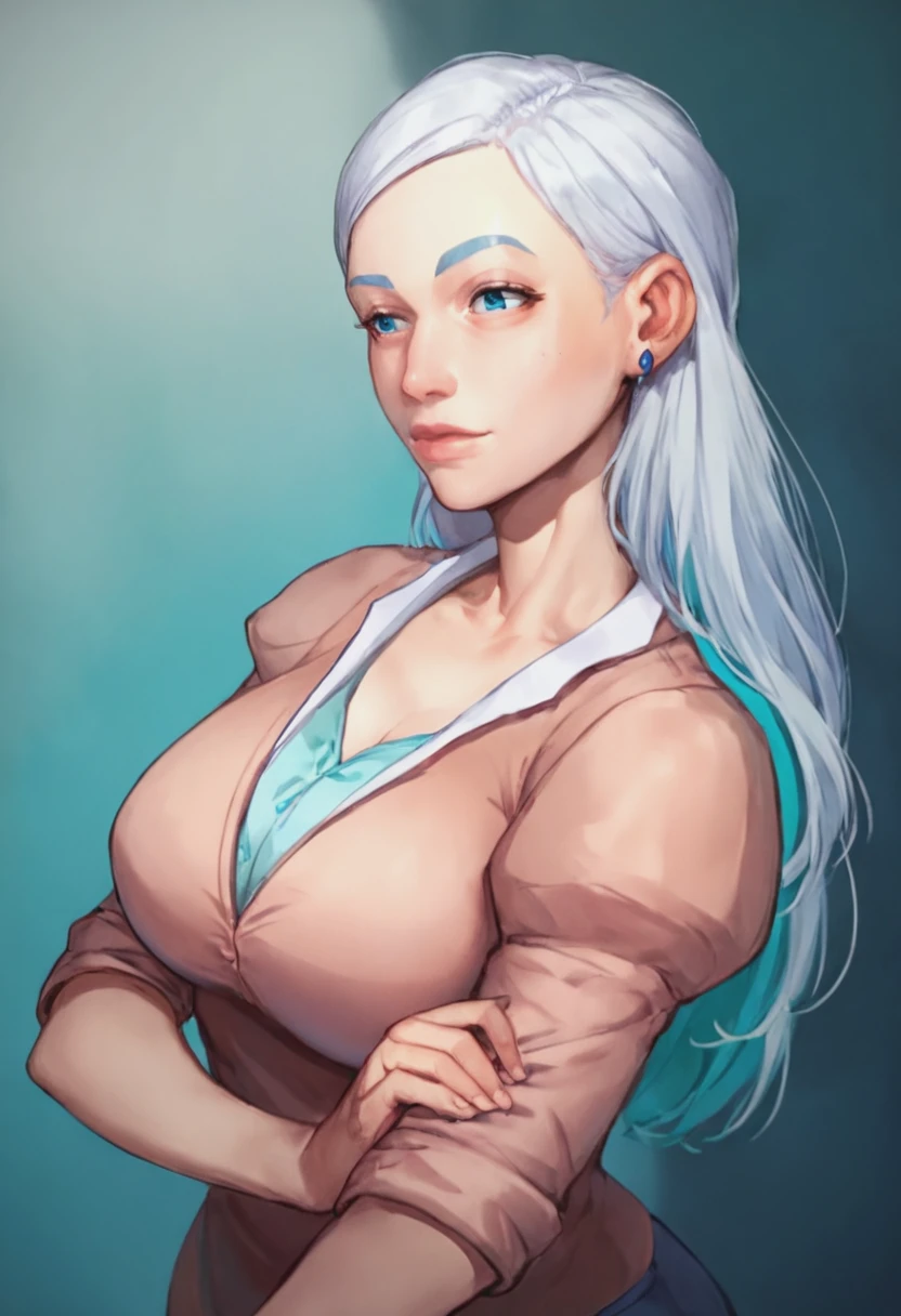 score_9, score_8_up, score_7_up, 1girl, mature_female, large_breasts, portrait, solo, Leaning with hands on an invisible counter, from_above, (Aquamarine hanfu), White hair, face, rating_safe, <lora:pony\artist_styles\uberpie_pony:1.0>