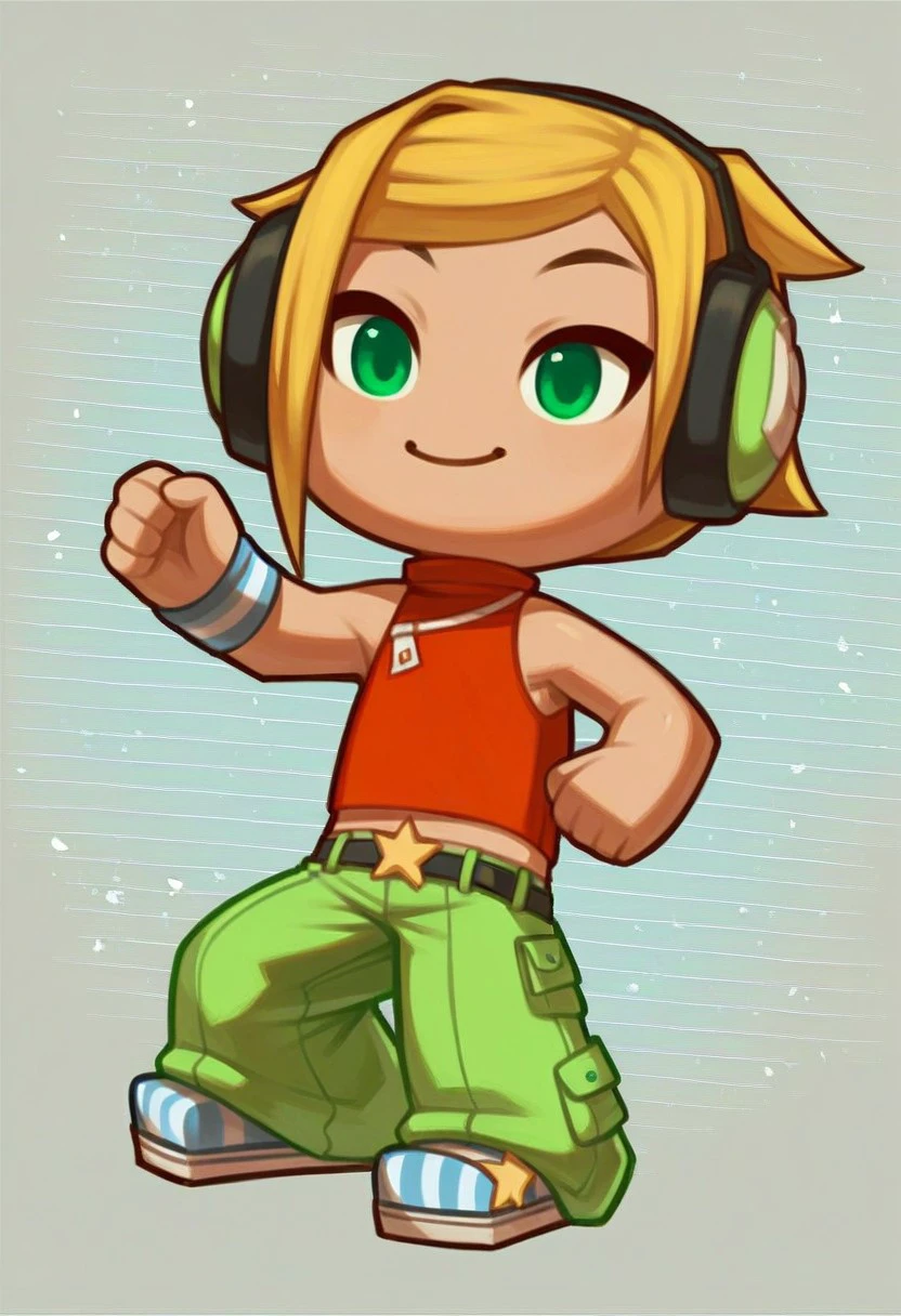 score_9_up, score_8_up. score_7_up, score_6_up, 1girl, solo, DJCandy_MySims, chibi, short blonde hair, green eyes, smile, headphones, sleeveless red top, baggy green pants, belt, wristband, striped footwear, adult, (painted art), (at a disco)