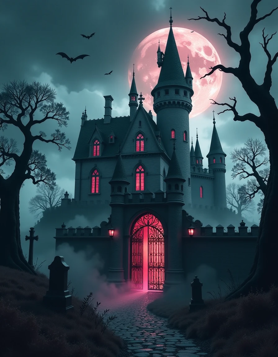 <lora:spooky-haunted-house:1> a scary mystical vampire  castle with big ornamental gates, surrounded by fog, cemetery and crooked black trees. full bloody moon, dark sky, bats creepy dark gotic atmsphere