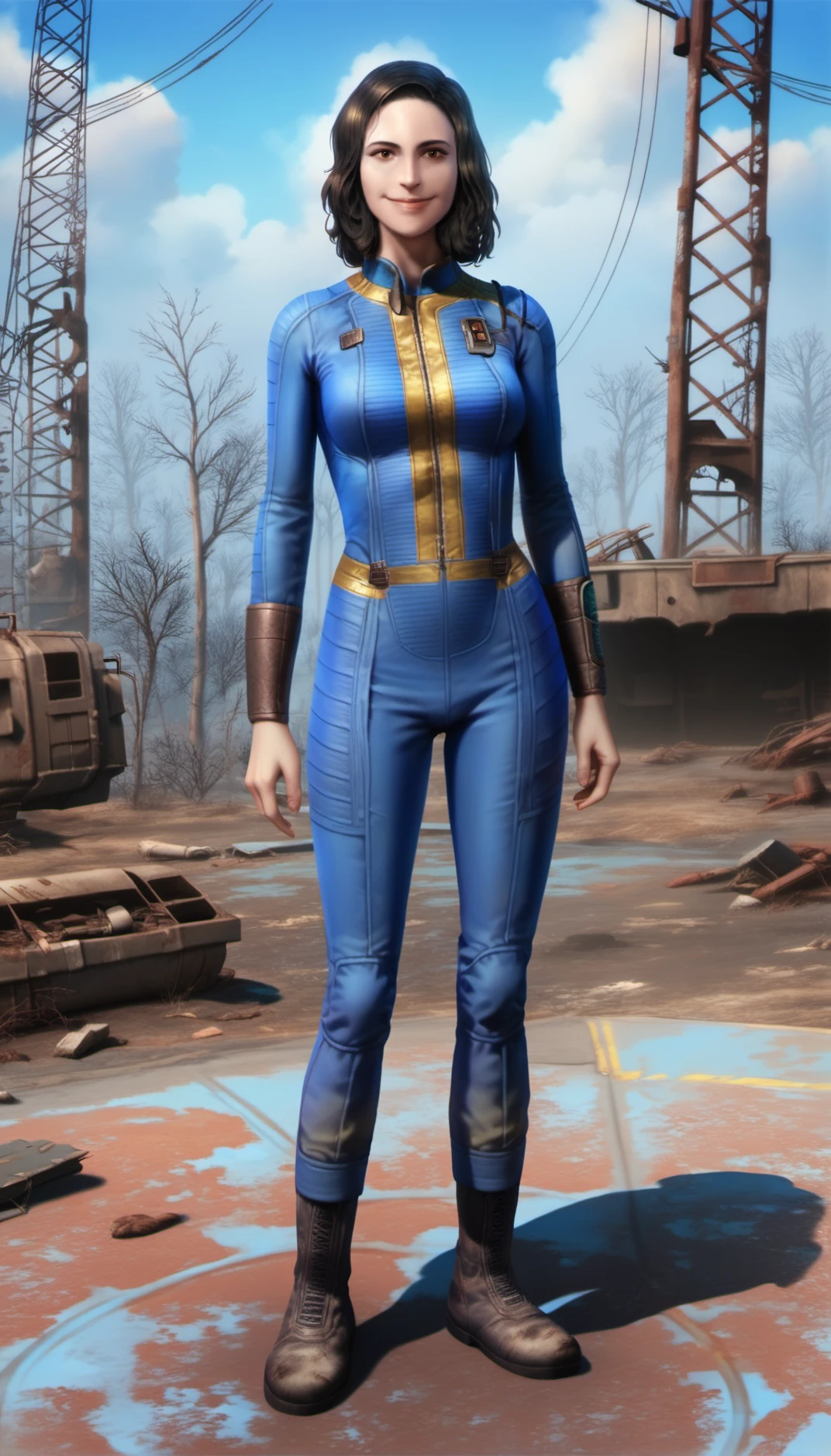 score_9,score_8_up,score_7_up,
<lora:nora:0.9>,fo4nora,
realistic,
1girl,solo,black hair,medium hair,brown eyes,looking at viewer,smile,
dirty blue jumpsuit,
brown bracer,brown boots,full body,standing,
outdoors,post-apocalypse,blue sky,cloud,barren wasteland,distant city ruins and dilapidated buildings visible,dry and desolate ground,dead trees and abandoned vehicles,lights particle,