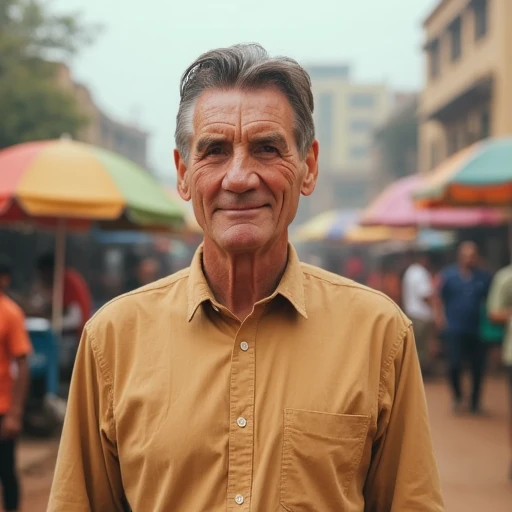 an image of Michael Palin wearing a tan shirt standing in a busy town in India