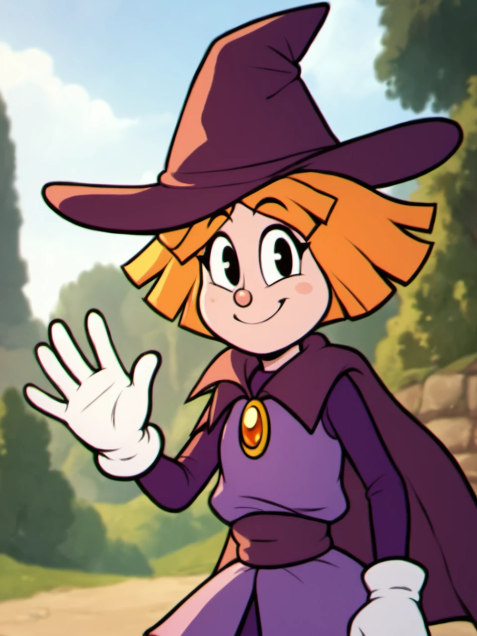 score_9, score_8_up, score_7_up,  score_6_up, BREAK, P3nny, 1girl, solo, orange hair, short hair, witch hat, purple hat, black eyes, purple dress, purple cape, white gloves, upper body, smile, raise left hand, waving, looking at viewer,  <lora:Penny-000009:1>