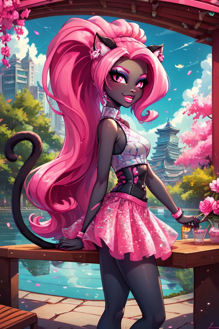 score_9, score_8_up, score_8, medium breasts, (curvy), cute, eyelashes,       ,,, , ,,, zzCattyNoir, pink eyes, pink eyeshadow, long hair, pink hair, ponytail, tail, very long hair, black skin, cat ears, cat tail, makeup, sleeveless, pink skirt, idol, jewelry, eyeshadow, high heels, lipstick,  <lora:CattyNoir_MH_PDXL:1.0>,     ,,,, BREAK, sitting on bench, side view, smile, looking at viewer, cowboy shot,  ,,, BREAK, pnkBldng, sky, day, cloud, tree, blue sky, building, architecture, east asian architecture,  ,,, BREAK, embedding:zPDXL, Expressiveh,  ,,, <lora:PinkBuildingsPDXL_v2:0.6>, <lora:SDXLFaeTastic2400:0.5>, <lora:Expressive_H-000001:0.4>