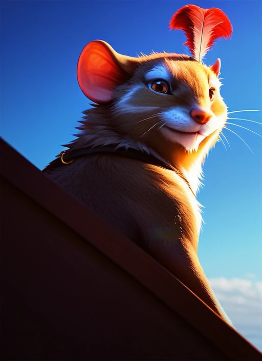 <lora:Reepicheep_pony:0.7> Reepicheep, 1boy, mouse, furry, mouse tail, honey brown eyes, ring hat, feather, male, solo, looking at viewer, back view, sash, close up, face close up loocking back, golden light, blue sunset sky, masterpiece, (best quality:1.1), score_9, Score_7_up, score_8_up, feral, no clothes