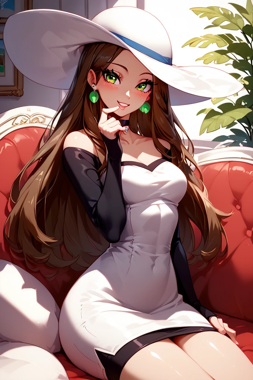 score_9, score_8_up, score_8, medium breasts, (curvy), cute, eyelashes,       ,,, , ,,,  zzBeauty, brown hair, long hair, green eyes, earrings, large breasts, white sun hat, white dress, black sleeves, <lora:Beauty_Pokemon_PDXL:0.8>, ,,,, BREAK, ,,, smile, looking at viewer, blush, blurry, couch, sitting, ,,, shiny skin, <lora:ProAnime_PDXL_v1:0.7>, ,,, embedding:zPDXL, Expressiveh, <lora:SDXLFaeTastic2400:0.5>, <lora:Expressive_H-000001:0.4>,