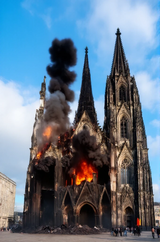 front photograph of Cologne Cathedral with one spire on fire, with thick black smoke billowing out of the building. one of the spires is collapsed, and the lower sections are heavily damaged. Flames and smoke are visible, and the building is in a state of significant destruction. The sky is blue with white clouds.
 <lora:distilled_lora:1> <lora:FLUX_Destruction_v1:1>