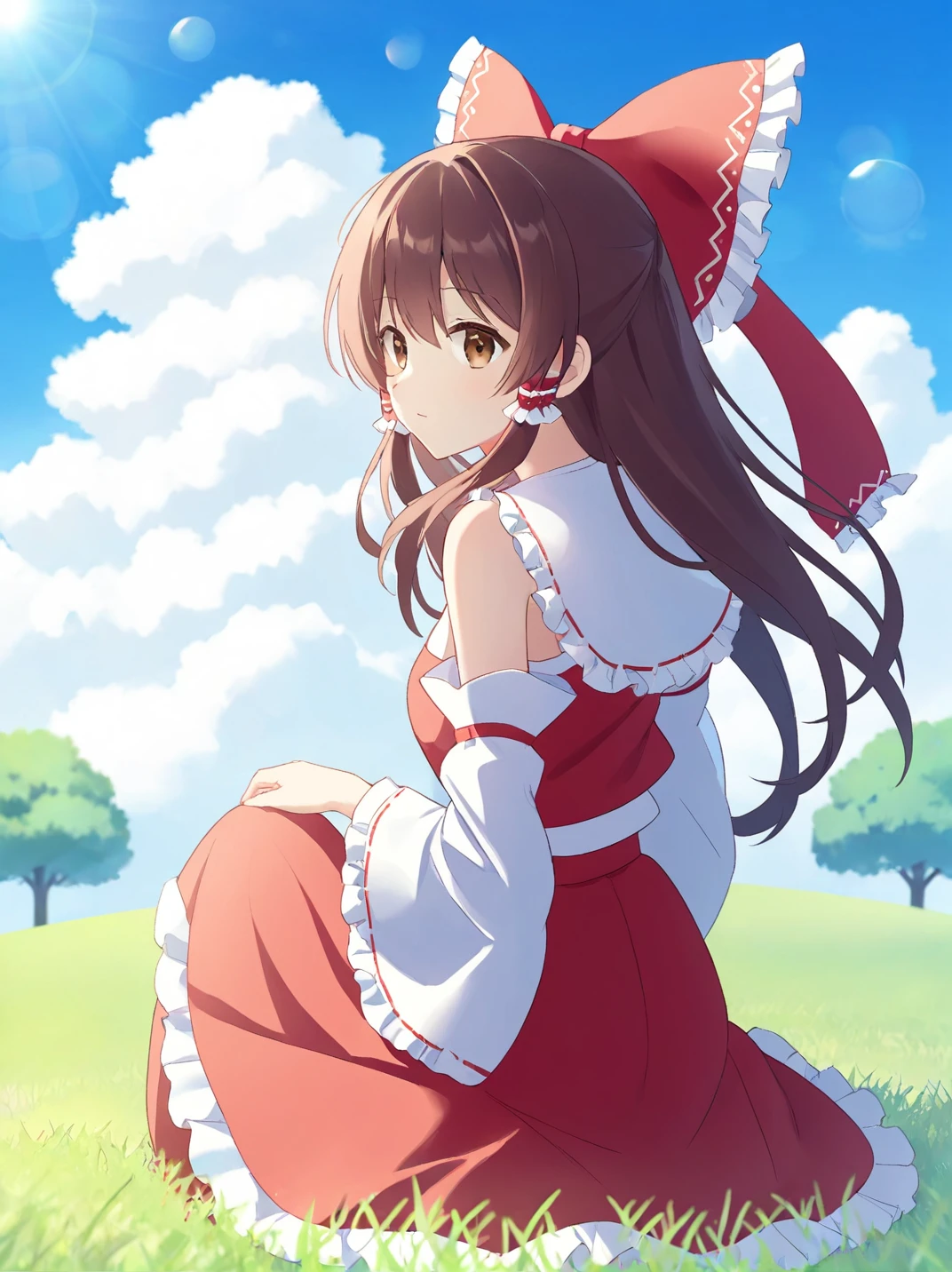 1girl,solo,hakurei reimu,sitting,brown eyes,ribbon-trimmed detached wide sleeves,bangs,sky,blue sky,bare shoulders,grass,wagashi,cloud,light,big hair frilled bow,frilled hair tubes,shawl tops,red skirt,<lora:Hakurei reimu-SDXL-lora-2024.10.25-version1:0.5>,hands down,