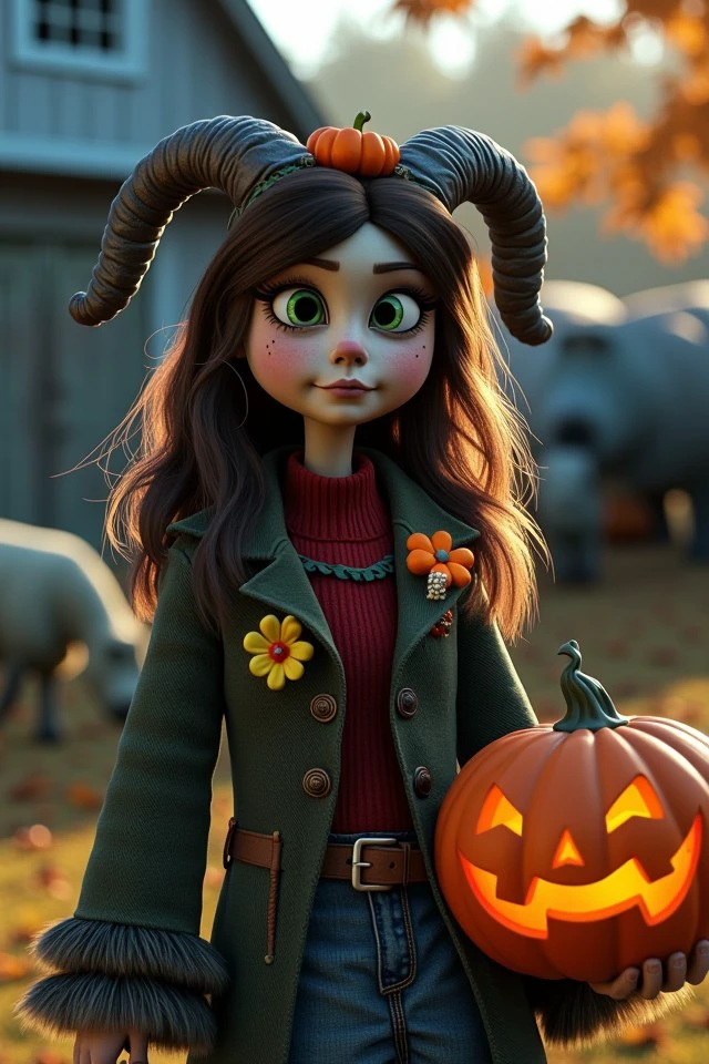 monicut style woman, Halloween theme Small farm and animals grazing 
<lora:halloween_s05_monsters_inc_monicut_style:0.75>