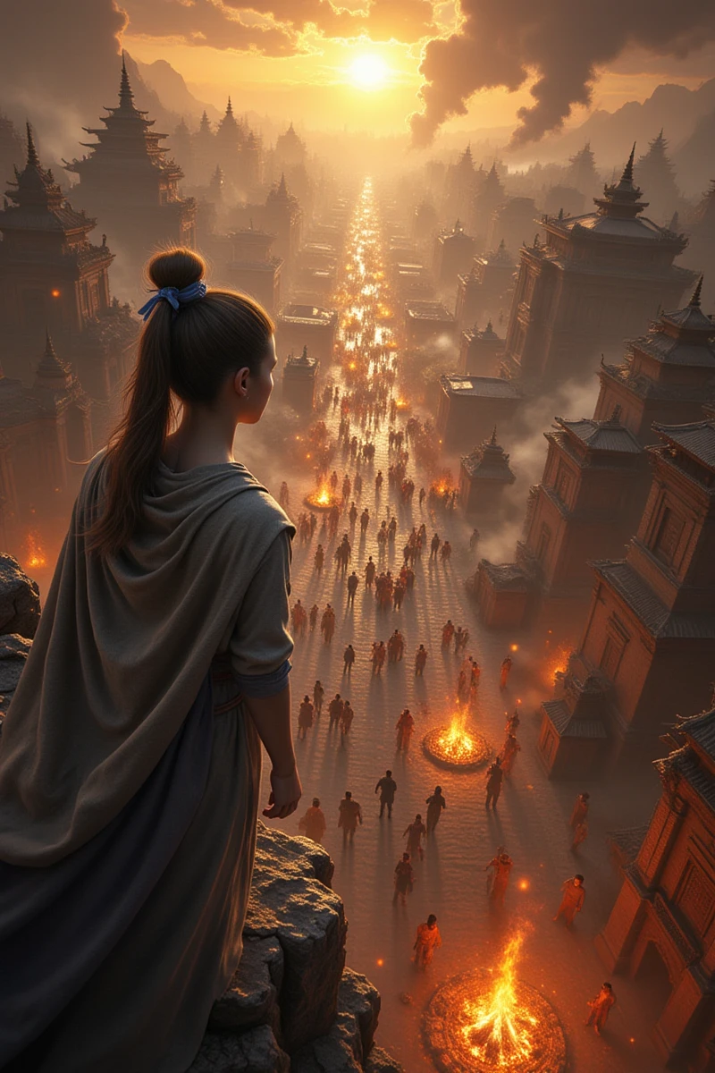 cg,This is a highly detailed CGI (computer-generated imagery) rendering of an ancient, war-torn cityscape under a dramatic, fiery sunset. The scene is filled with chaotic activity and destruction. In the foreground, a young girl with light skin and dark hair tied back with a blue ribbon stands on a rocky ledge, gazing down at the scene below. She wears a simple, light-colored dress and looks solemn.The city itself is a maze of crumbling, golden-brown buildings with ornate, pagoda-style roofs. The structures are heavily damaged, with many partially collapsed or on fire, casting an eerie glow over the scene. The streets are packed with people, some running, some fighting, and some simply trying to survive. The crowd is a diverse mix of men and women, with various skin tones and attire ranging from traditional robes to modern clothing.In the center of the image, a large bonfire blazes, illuminating the scene with a warm, flickering light that contrasts with the dark, smoky atmosphere. The background is filled with the outlines of more buildings, shrouded in a dense, dark haze that suggests the city is under siege or in the aftermath of a battle. The overall mood is somber and intense, highlighting the destruction and desperation of