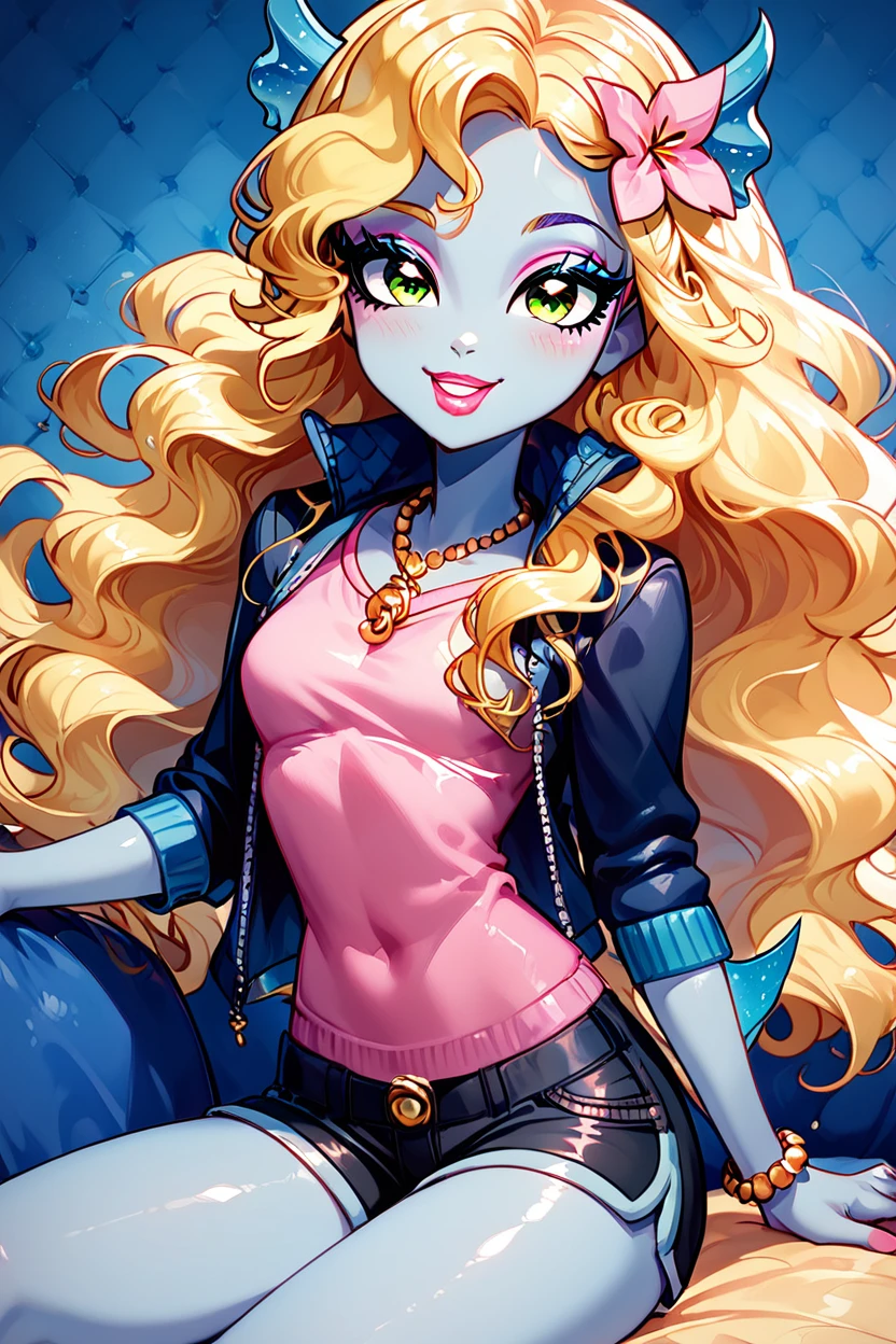 score_9, score_8_up, score_8, medium breasts, (curvy), cute, eyelashes,       ,,, , ,,, zzLagoona, green eyes, yellow eyes, blonde hair, blue hair, curly hair, hair flower, hair ornament, long hair, multicolored hair, wavy hair, blue skin, makeup, jewelry, lipstick, necklace, bracelet, eyeshadow, flower, pink shirt, black shorts, black jacket,  <lora:Lagoona_MH_PDXL:1.0>,  ,,,, BREAK, ,,, smile, looking at viewer, blush, blurry, couch, sitting, ,,, shiny skin, <lora:ProAnime_PDXL_v1:0.7>, ,,, embedding:zPDXL, Expressiveh, <lora:SDXLFaeTastic2400:0.5>, <lora:Expressive_H-000001:0.4>,