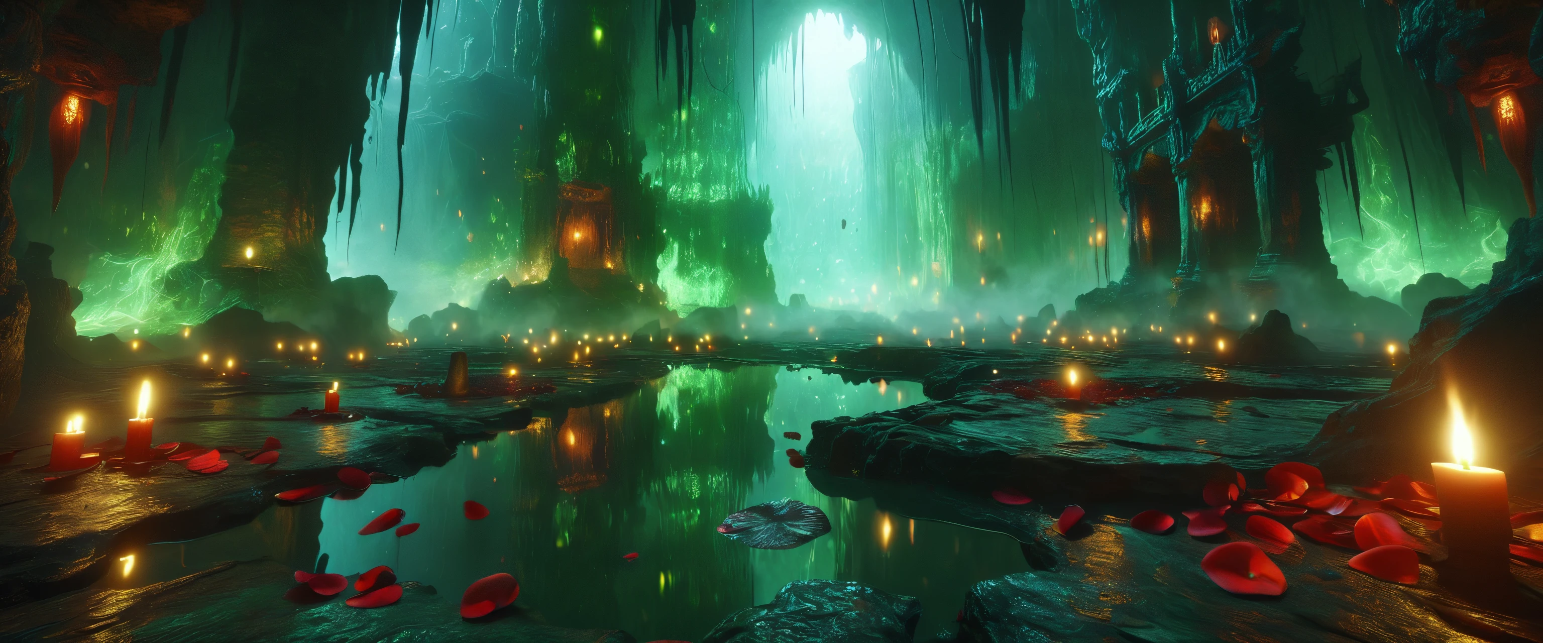 abyssmerald, dark, haunting, green fog, green ghosting flame, rose petals falling, cave, ruins, root, wet floor, water reflection, blue candle, background fantasy, ancient background, masterpiece, top quality, best quality, official art, cinematic lightings, photorealistic.