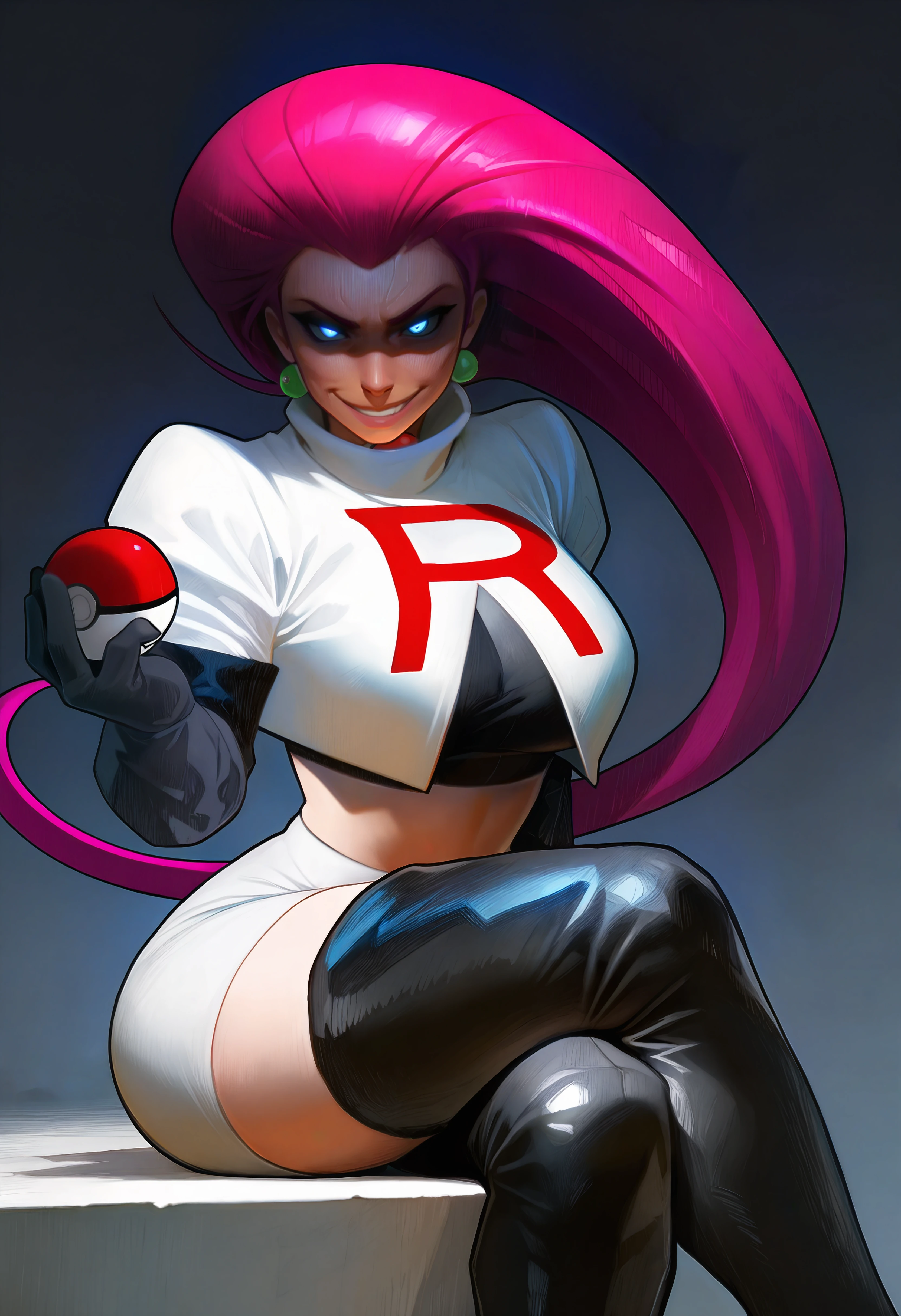 masterpiece, best quality, 1girl,jessie \(pokemon\),long hair,hair slicked back,team rocket,midriff,thigh boots,skirt, looking at viewer, sitting,crossed legs,holding pokeball, evil smile, glowing eyes,shaded face <lora:ickp_ill:1>