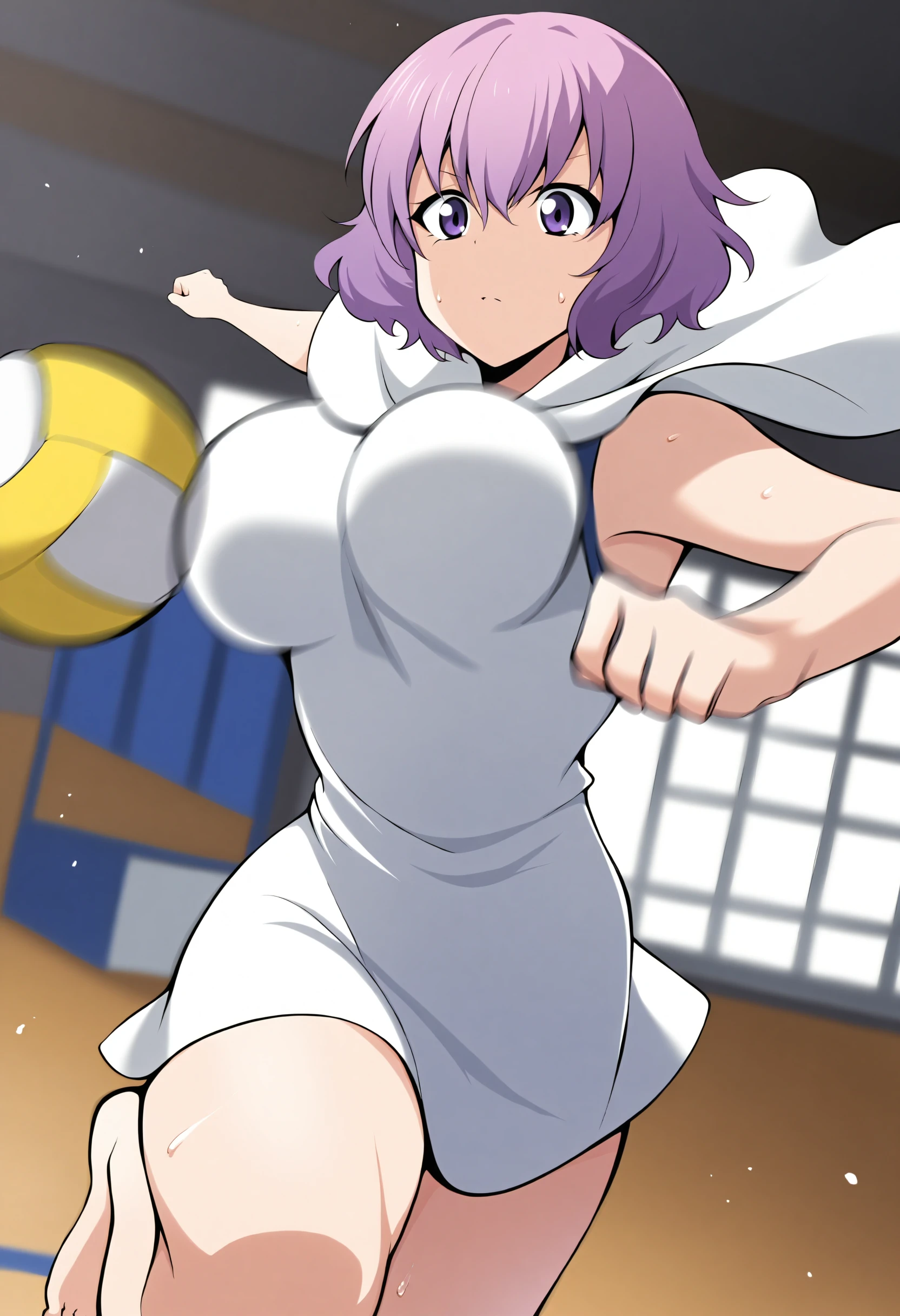 masterpiece, very aesthetic,ohwx, short_hair, purple_hair, purple_eyes, 1girl, solo, breasts, solo_focus, large_breasts, medium_breasts, pink_hair, long_hair, hair_between_eyes,barefoot, dress, capelet, white_dress,indoors, warehouse, volleyball net, volleyball, (holding volleyball, running, motion blur:1.1), sweat, (blurry:1.1), from below, cowboy shot, dutch angle,<lora:hanabi_kawai_illustriousXL_sobsynapse-000003:1>