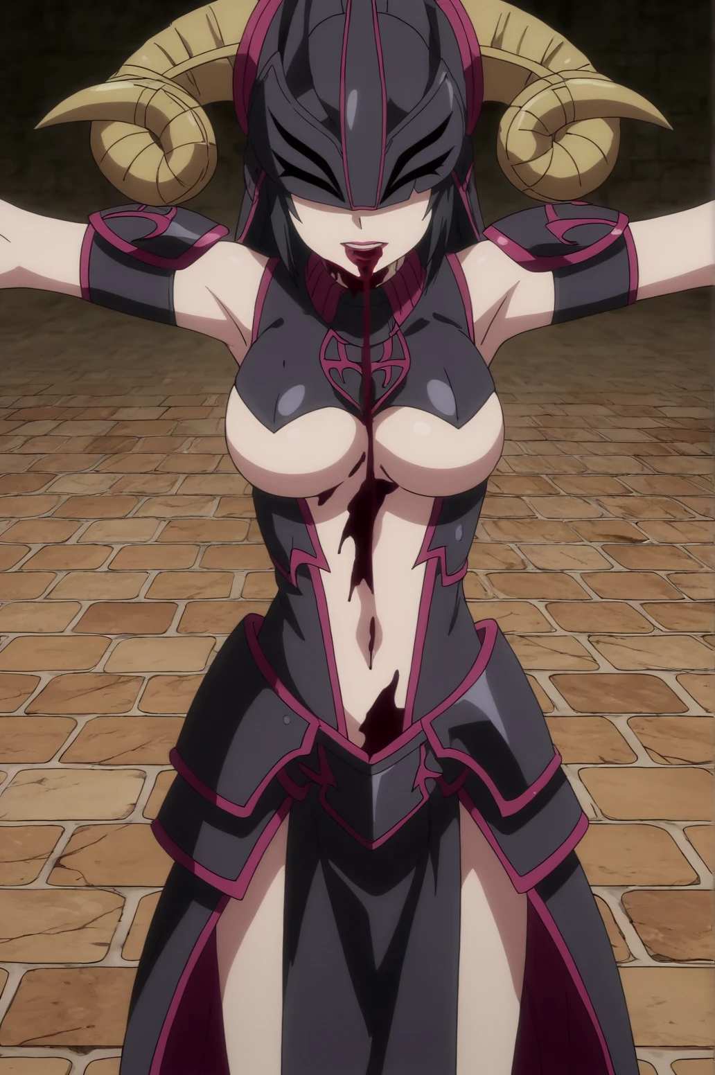 score_9, score_8_up, score_7_up,anime_source, source_anime, best background, detailed background, anime screencap,  Noire, blood, warrior outfit, blood from mouth, outstretched arms, solo, spread arms, stone floor, covered eyes,  <lora:JN_Noire:0.8>