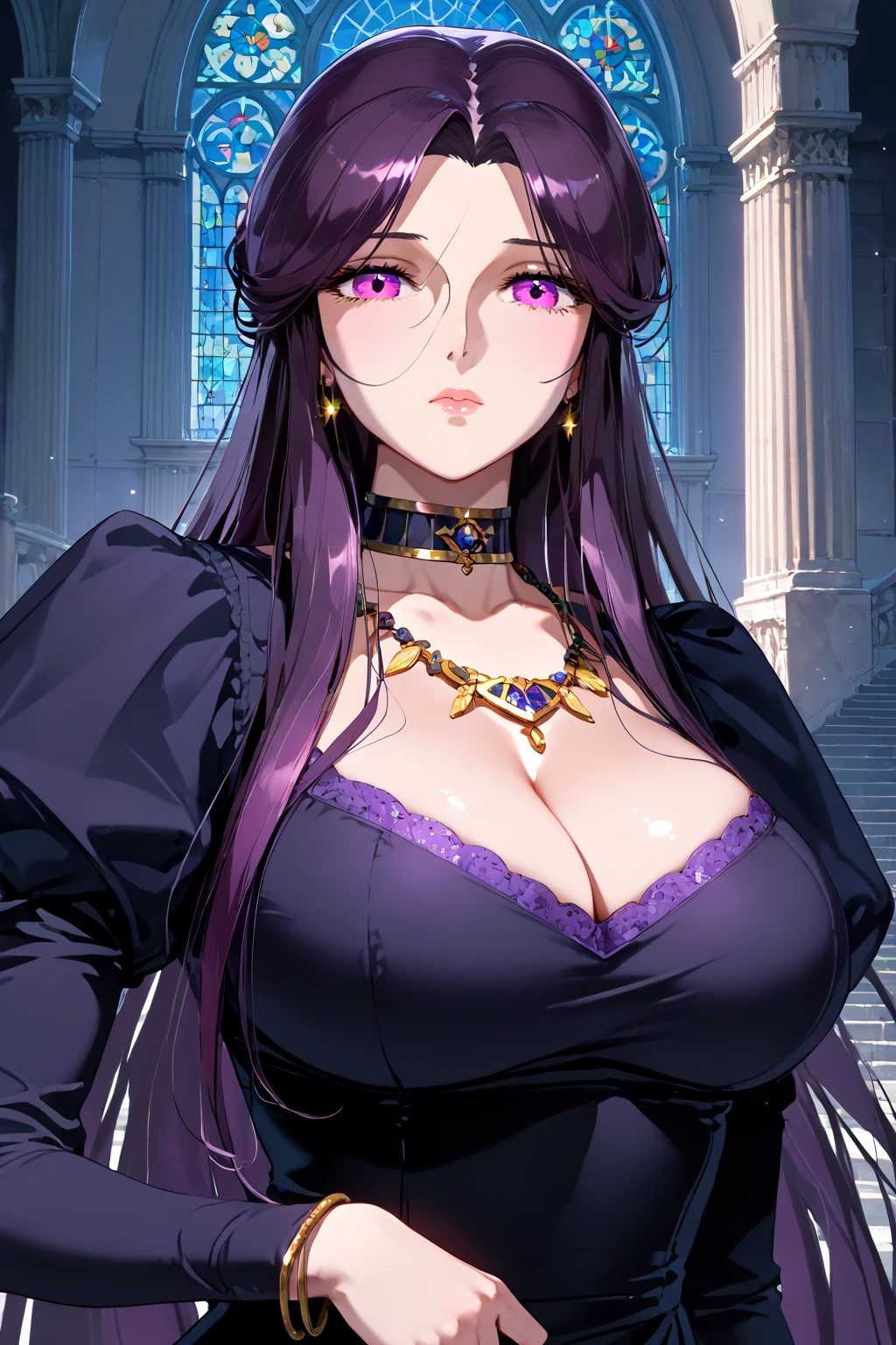 score_9,score_8_up,score_7_up,
pov,1girl,mature female,milf,huge breasts,gigantic breasts,portrait,cowboy shot,expressionless,sad,cleavage,cathedral, 
Outstanding,master work,32K,UHD,best quality,perfect work,ray tracing,ultra-clear,ultra-high-definition,detailed,ultra-high resolution,Best quality,masterpiece,soft light,official art,masterpiece,high quality,highres,absurdres,best quality,epic scene,natural textures,<lora:Pandora Pony:1>,pandora,purple eyes,very long hair,black hair,dark purple hair,parted hair,necklace,choker,dress,black dress,juliet sleeves,