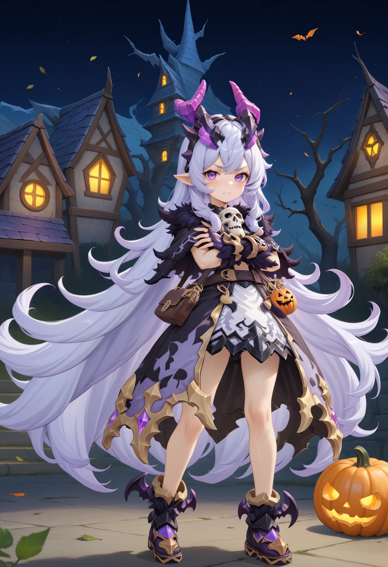 masterpiece, best quality, very aesthetic, absurdres, rom_hela_xl,
1girl, purple hair, horns, purple eyes, grumpy, skull, fingerless gloves, 
full body, standing, crossed arms, haunted house, withered trees, bats, halloween bucket, pumpkin,
outdoors, (wind, falling leaves, light particles:1.4), light rays, tyndall effect, vivid colors, tranquil and magical atmosphere,
shiny skin, beautiful face, beautiful eyes, extreme detailed, official art, professional illustration, hires,
<lora:rom_hela_xl:1>, <lora:aesthetic_anime_v1s:0.5>, <lora:add_details_xl:0.5>