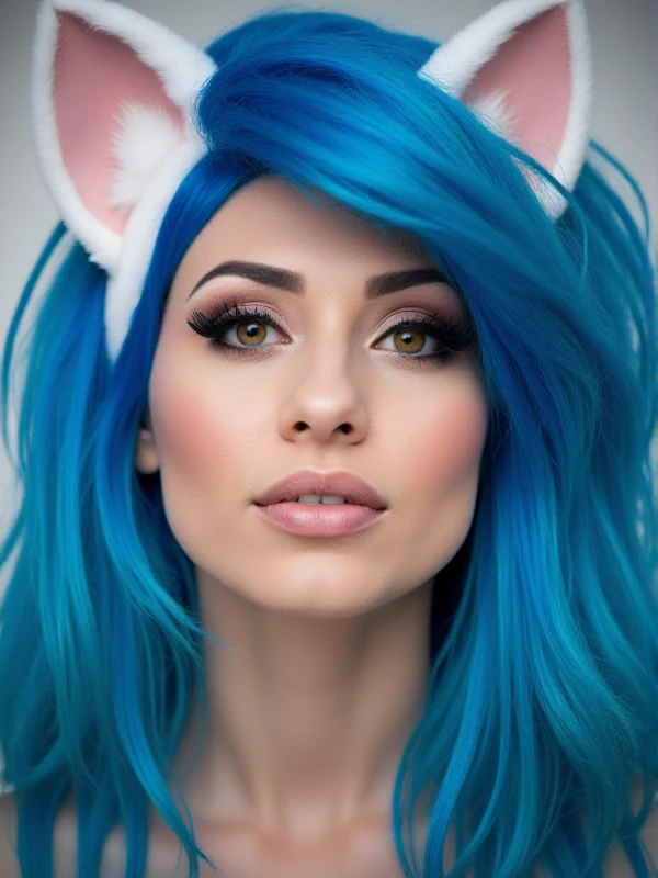 Felicia, a woman with blue hair and cat ears. Closeup face portrait <lora:Felicia:0.9>