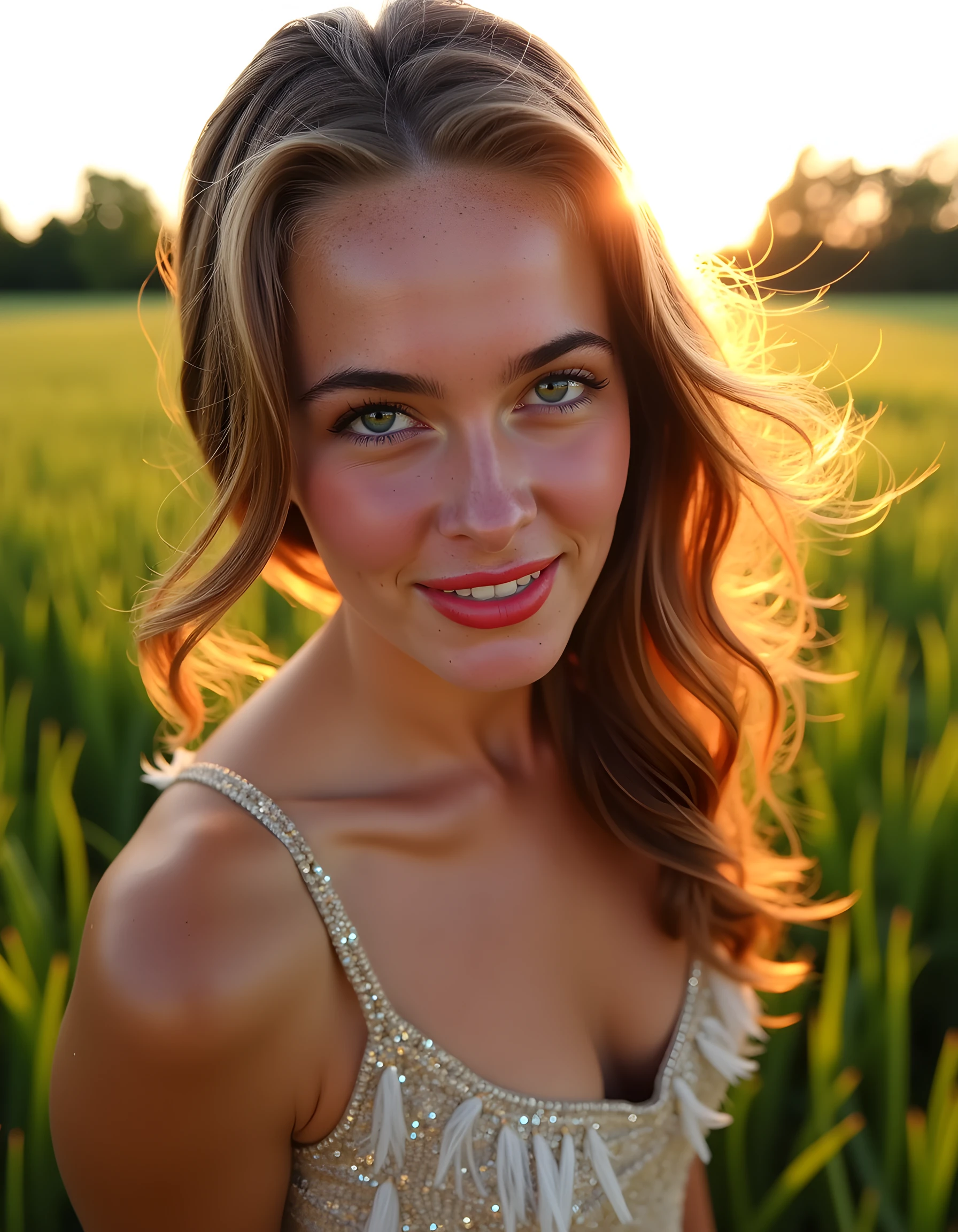 woman standing on a dirt road in a green top, at the sunset, background is heavenly, at a beautiful sunset, in the countryside, sunset and big clouds behind her, during a sunset
