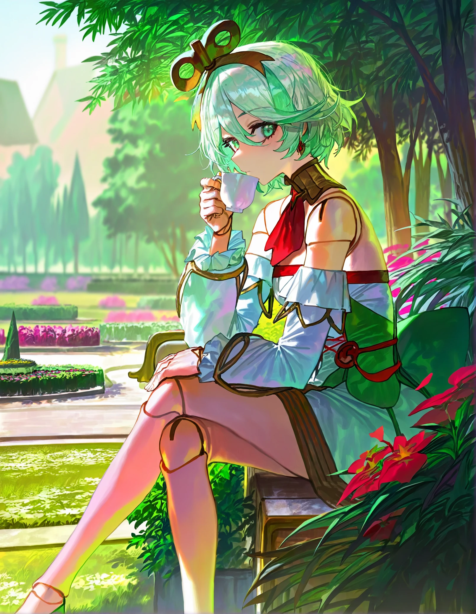 solo, cecilia immergreen \(1st costume\), green eyes, drinking tea, from side, looking down, looking at viewer, doll joints, sitting, crossed legs, modare, hjl, quasarcake, colorful, best quality, amazing quality, very aesthetic, absurdres, full body, scenic, scenery, outdoors,  plants, trees, garden, garden house