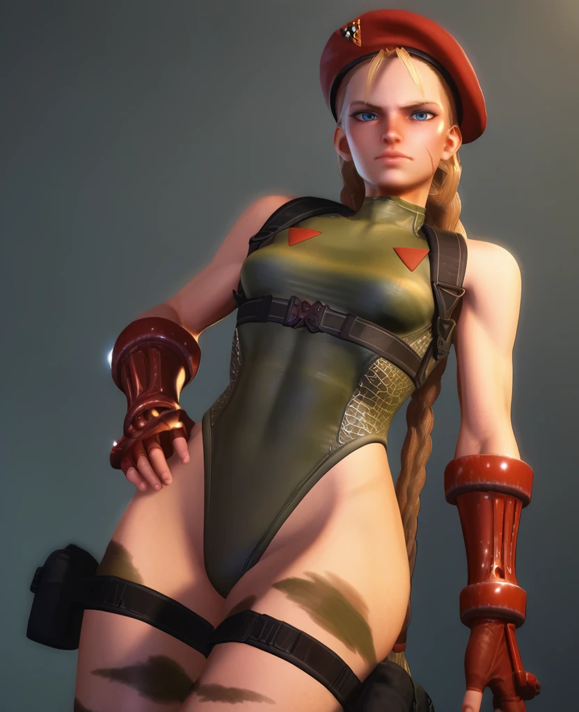 score_9, score_8_up, score_7_up, score_6_up, score_5_up, score_4_up,  realistic,  <lora:Cammy_White_SF6:1>, cammyw, long hair, blue eyes, blonde hair, twin braids, beret, scar on cheek, leotard, medium breasts, gloves, leaning to the side, hand on own hip, smile, camouflage, combat boots, bodypaint, harness, thigh holster, fingerless gloves, cammy white,