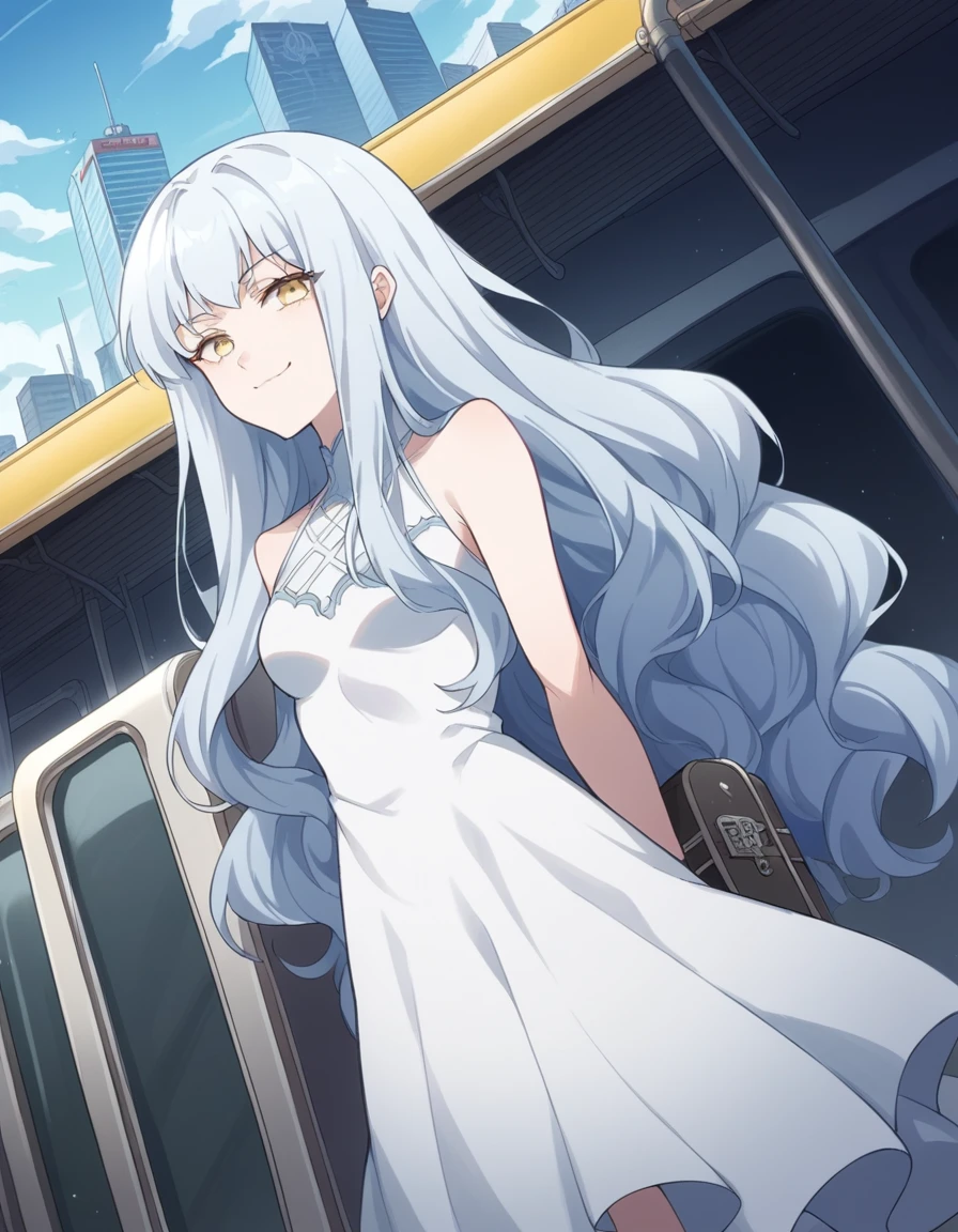 score_9, score_8_up, score_7_up, source_anime, <lora:norn-aion-s1-ponyxl-lora-nochekaiser:1>, aion, long hair, very long hair, yellow eyes, white hair,, dress, bare shoulders, white dress,, train station, waiting for train, suitcase, traveling, commute, city skyline, hands behind back,, , crossed arms, smug, looking at viewer, solo,, dutch angle, cowboy shot