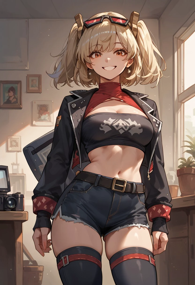 score_9, score_8_up, score_7_up, score_6_up, score_5_up, score_4_up, 1girl, standing, looking at the camera, smiling, burnice