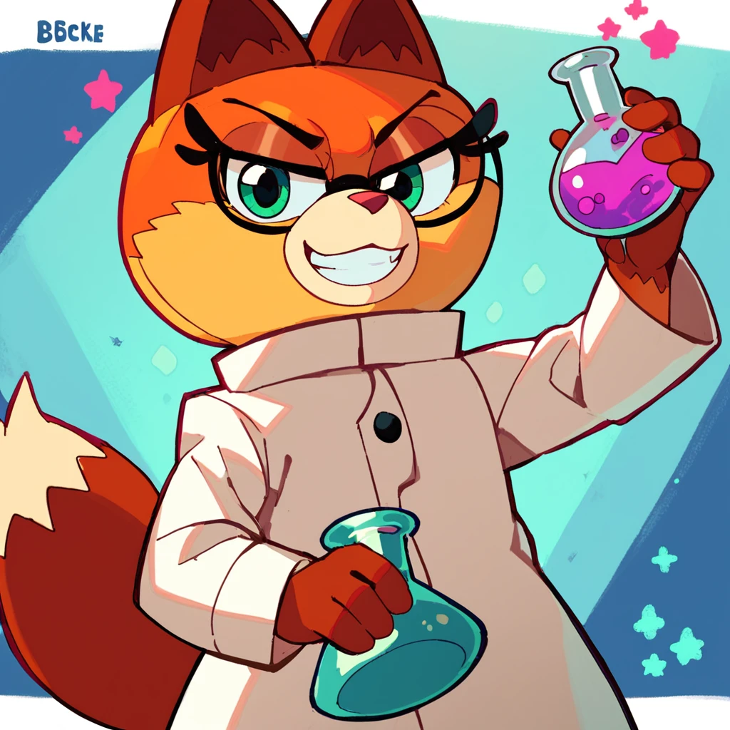 score_9, score_8_up, score_7_up, score_6_up, dr. fox, standing, smiling, looking at viewer, solo, scientist, evil grin, potion, holding beaker