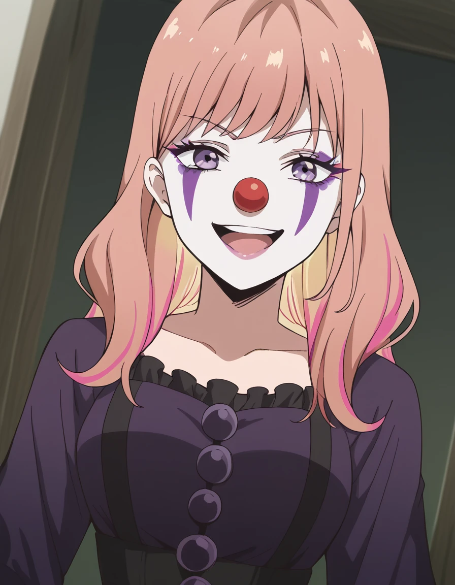 score_9, score_8_up, score_7_up, source_anime, <lora:nikoru-yamana-s1-ponyxl-lora-nochekaiser:1>, nikoru yamana, long hair, bangs, purple eyes, pink hair, multicolored hair, two-tone hair, streaked hair, makeup, medium breasts, <lora:clown-ponyxl-lora-nochekaiser:1>, clown, makeup, clown nose, facepaint, gloves, long sleeves, frills, dress,, smile, open mouth, smug, , dutch angle, cowboy shot