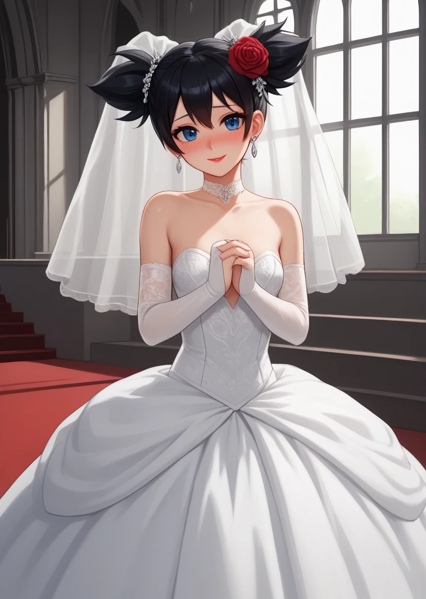 score_9, score_8_up, score_7_up, score_6_up, score_5_up, BREAK
Kurum1Nu1, Human, female, 1girl, solo, blush, blue eyes, black hair, hair ornament, dress, twintails, jewelry, flower, earrings, choker, (one hair flower), wedding dress, wedding veil, red rose, short twintails, bridal gauntlets, blush, deep blush, shy smile, lipstick, makeup, church, indoors