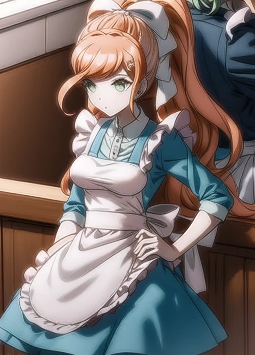 solo, <lora:add_detail:1>, <lora:goodhands:0.7>, <lora:Chisa_Yukizome_SD15:1>, Chisa Yukizome, screencap from the anime Danganronpa 3,  long orangish brown hair, ponytail, light pink scrunchie, green eyes, chisa despair arc uniform, ((blue dress)), ((white apron)), skirt, pink ribbon, jacket, formal, suit, apron, maid apron, white undershirt, white frill, ((((white ruffled pinafore apron)))), movie theater, red chairs