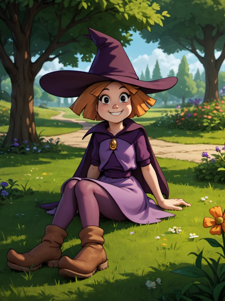 score_9, score_8_up, score_7_up,  score_6_up, BREAK, P3nny, 1girl, solo, orange hair, short hair, witch hat, purple hat, black eyes, purple dress, purple cape, purple pantyhose, brown footwear, in the park, sitting on the ground, smile, grass, flowers, looking at viewer   <lora:Penny-000009:1>