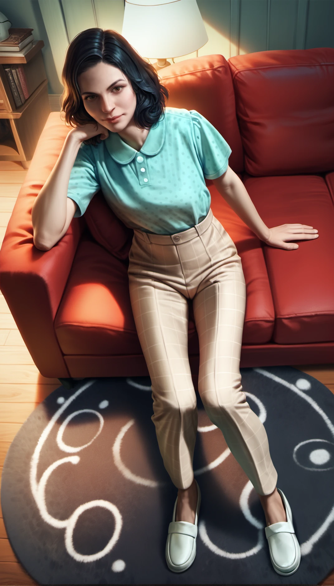 score_9,score_8_up,score_7_up,
<lora:nora:0.9>,fo4nora,
realistic,
1girl,solo,black hair,medium hair,brown eyes,light green polka dot short,high-waisted beige pants,white flat shoes,full body,from above,sitting,red sofa,leaning on the sofa armrest with legs stretched out,indoors,backlighting,living room,circular-patterned rug,a small wooden table with a book and a yellow round lamp,a door is visible in the background with an umbrella next to it,