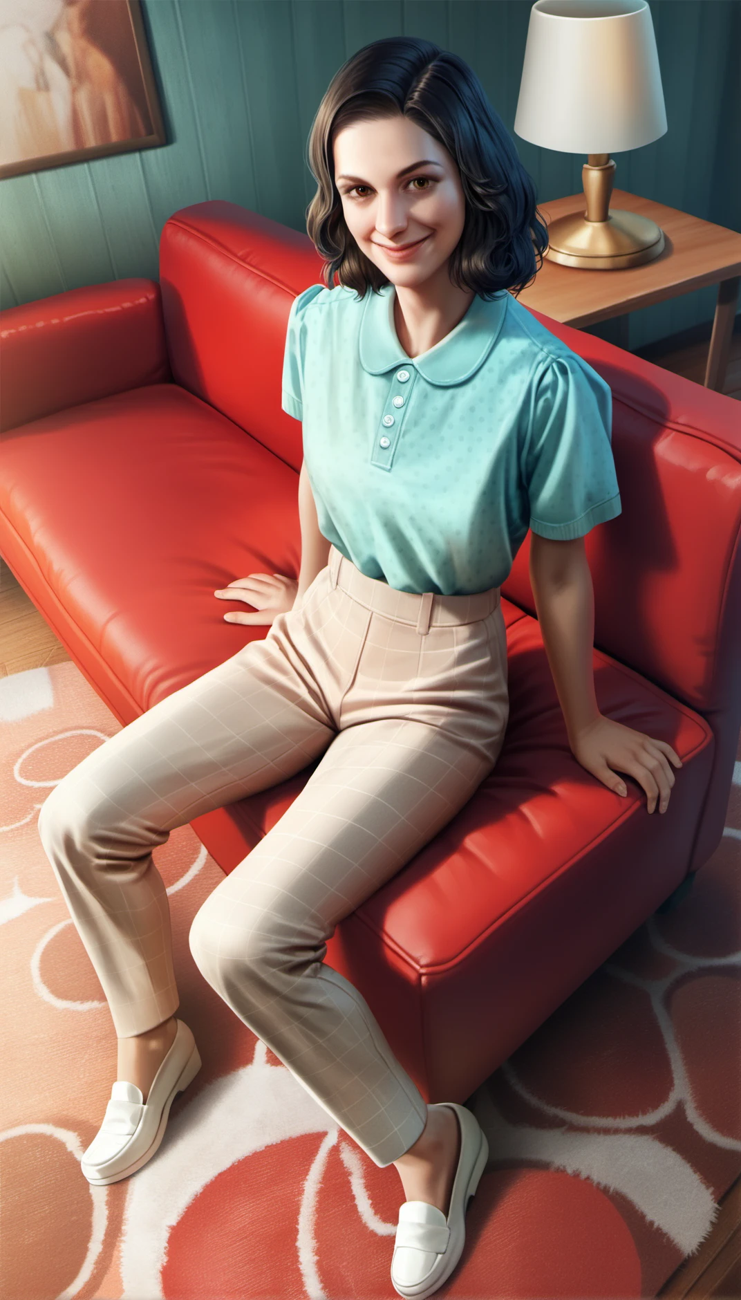 score_9,score_8_up,score_7_up,
<lora:nora:0.9>,fo4nora,
realistic,
1girl,solo,black hair,medium hair,brown eyes,looking at viewer,smile,
light green polka dot short,high-waisted beige pants,white flat shoes,full body,from above,sitting,red sofa,
indoors,backlighting,living room,circular-patterned rug,a small wooden table with a book and a yellow round lamp,