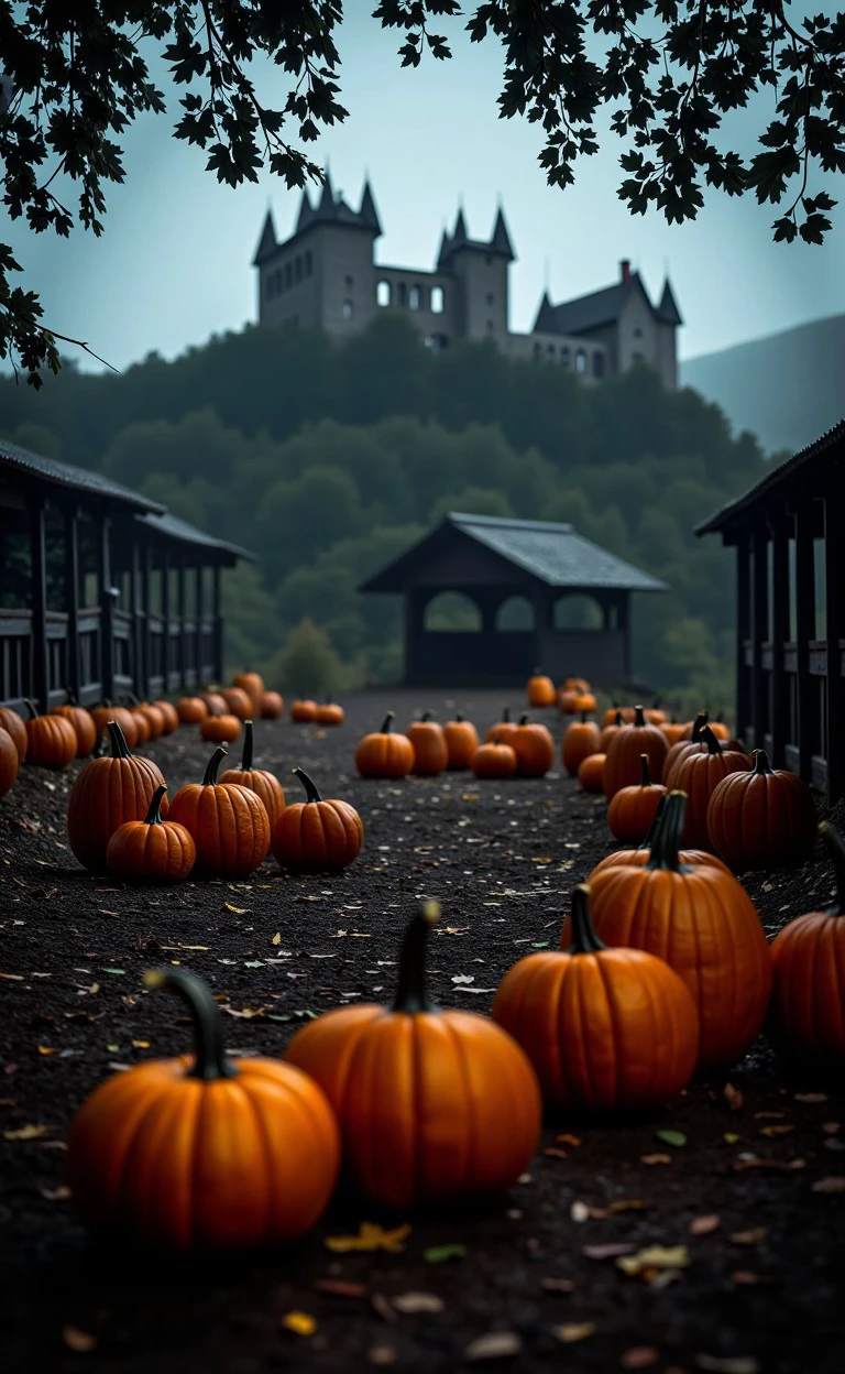 halciver style, pumpkins, dark. man, pumpkins dark Medieval village and castle on hill  
<lora:flux_halloween_s07_creepy_enviornment_halciver_style:1.0>