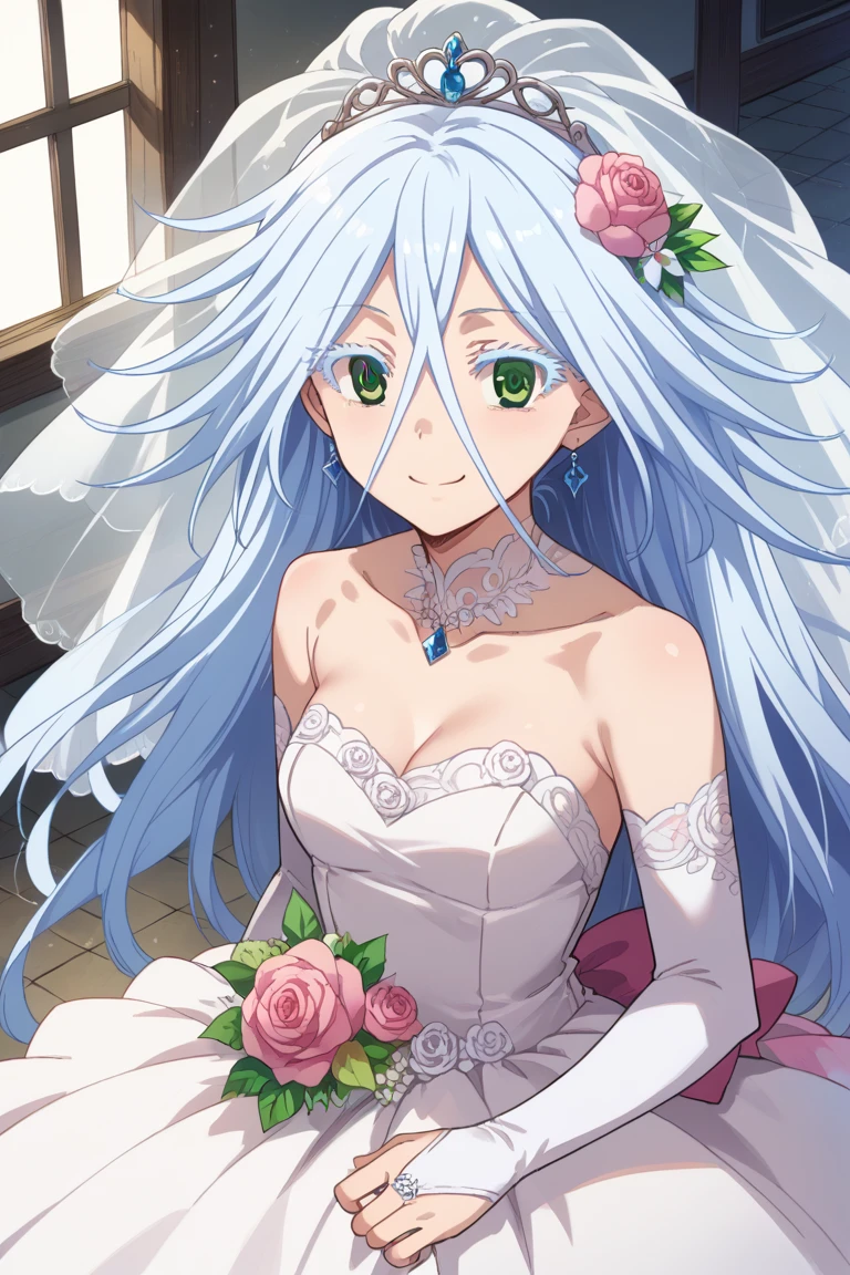 score_9,score_8_up,score_7_up,source_anime,BREAK
1girl, solo,
Kuroageha, long hair, blue hair, hair between eyes, white hair, colored eyelashes, green eyes,
wedding dress, pink dress, smile