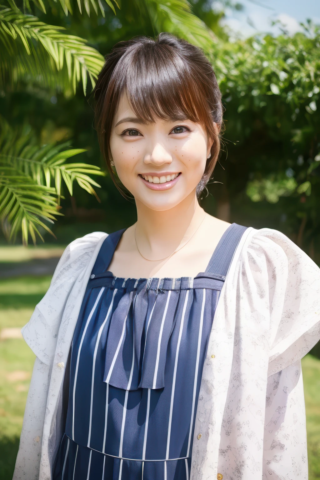 ((Highest quality)), ((masterpiece)), (detailed), Japanese, 40 years old, Beauty, front,Diagonal orientation、smile, Nagoya, Single Mother,Natural Photography,garden