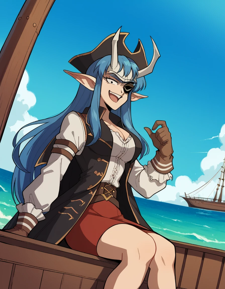 score_9, score_8_up, score_7_up, source_anime, <lora:ragnarok-jiltus-s1-ponyxl-lora-nochekaiser:1>, ragnarok jiltus, long hair, blue hair, horns, pointy ears, mask, black eyes, large breasts, <lora:pirate-costume-ponyxl-lora-nochekaiser:1>, pirate costume, pirate hat, skirt, gloves, jacket, shirt, eyepatch,, blue sky, sea, ocean, pirate ship, treasure, gold, smug, open mouth, from below, sitting,, , dutch angle, cowboy shot