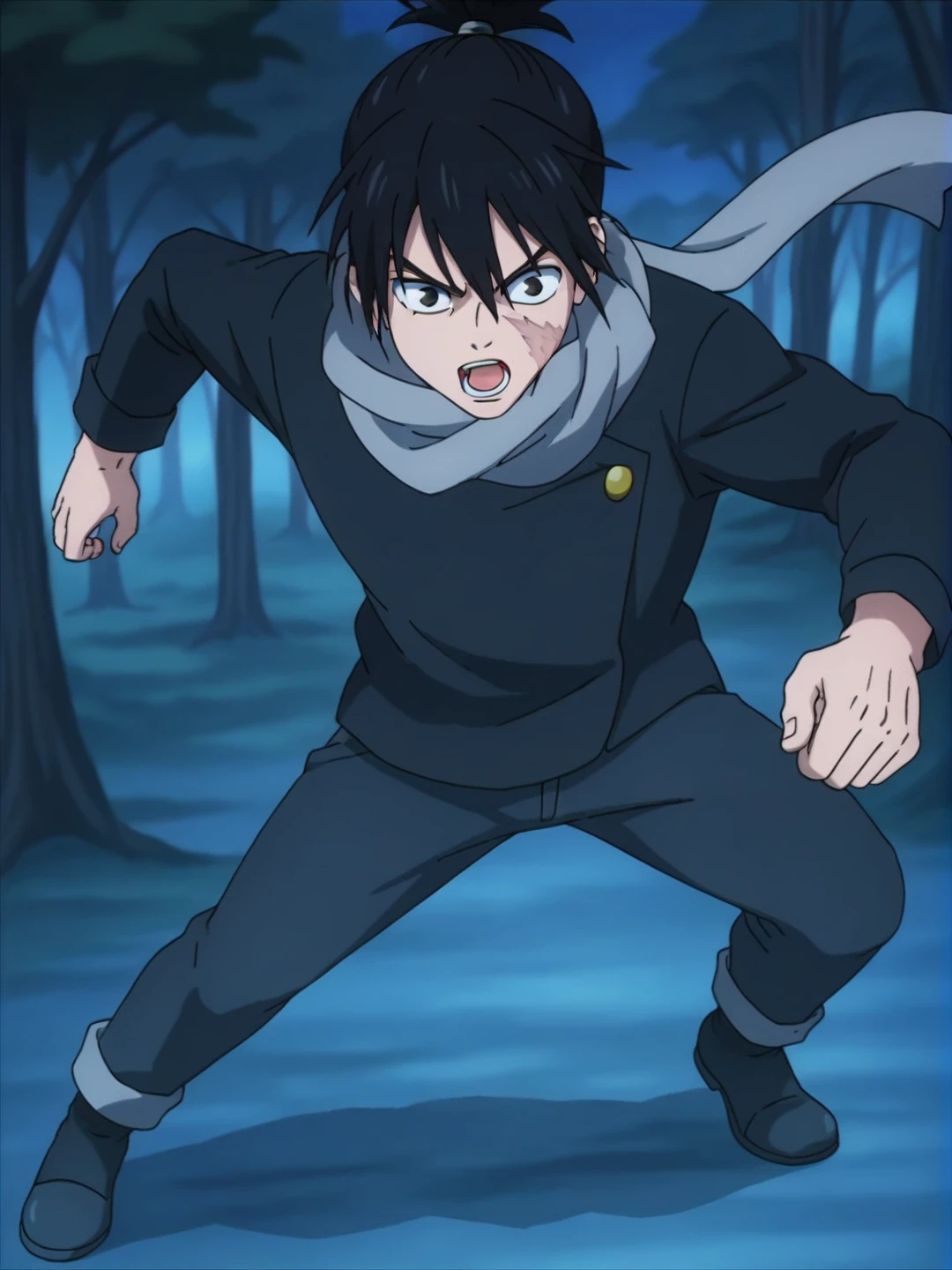 score_9, source_anime, kokichi, solo, detailed eyes, black hair, 1boy, male focus, black eyes, scar , open mouth, scarf, fighting pose, full body, (night forest:1.3), <lora:Kokichi_Muta:0.7>