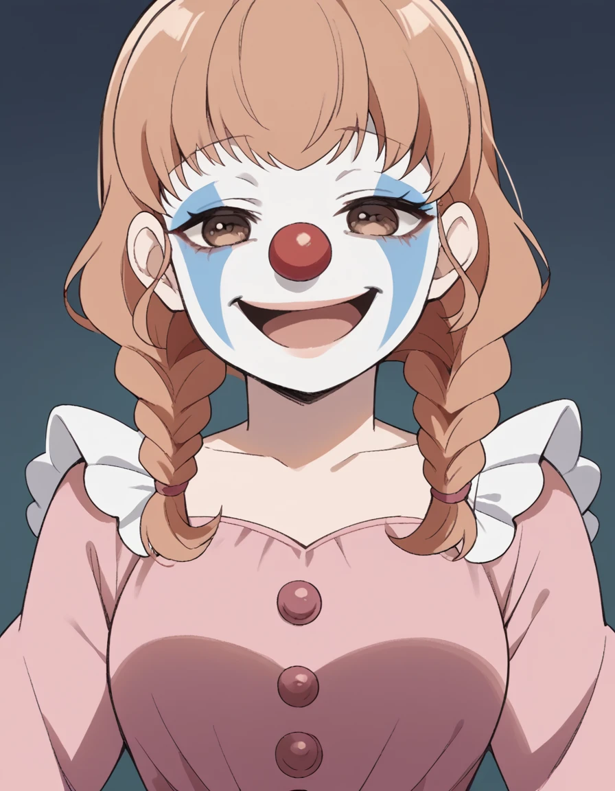 score_9, score_8_up, score_7_up, source_anime, <lora:momoko-sudou-s1-ponyxl-lora-nochekaiser:1>, momoko sudou, brown hair, brown eyes, braid, twin braids, medium breasts, <lora:clown-ponyxl-lora-nochekaiser:1>, clown, makeup, clown nose, facepaint, gloves, long sleeves, frills, dress,, smile, open mouth, smug, , dutch angle, cowboy shot