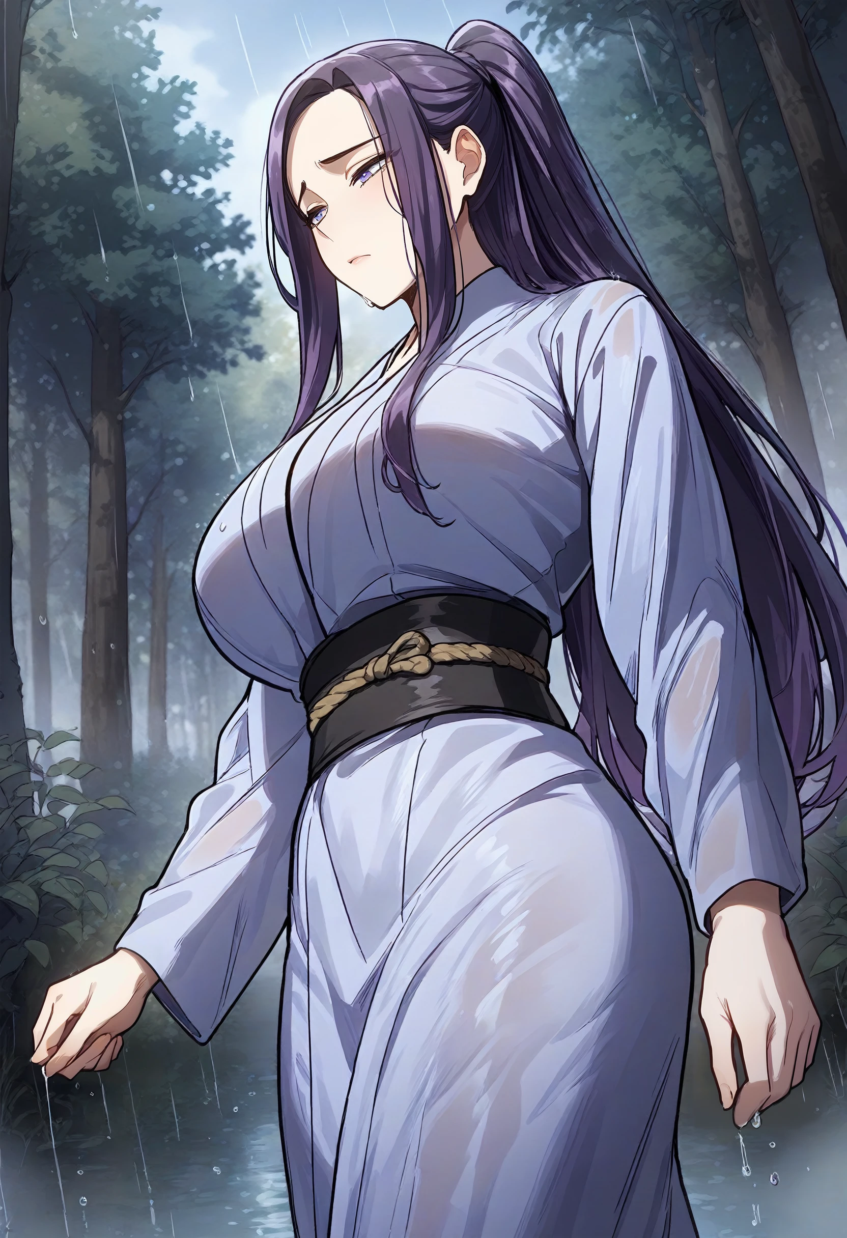 score_9, score_8_up, score_7_up, score_6_up, source_anime, rating_explicit, 1girl, solo, huge breasts, <lora:Jegal hye prefectPonyxl:0.95> long hair, black hair, blue eyes, high ponytail, sidelocks, purple eyes, purple hair, (blue kimono:1.2), (white shirt:0.9), long sleeves, black sash, blue skirt, half-closed eyes, sad, forest, outdoors, looking down, standing, walking, (rain:1.2), from side, wet clothes