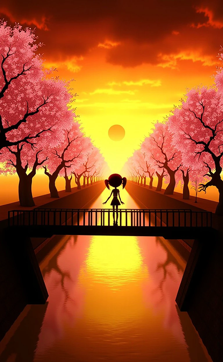 dimazobe style woman <lora:flux_halloween_s09_i_am_zombie_dimazobe_style:0.9>, scary A female figure standing on a bridge overlooking a river at sunset, her silhouette glowing in the golden light, with cherry blossom trees in full bloom on either side of the riverbank.