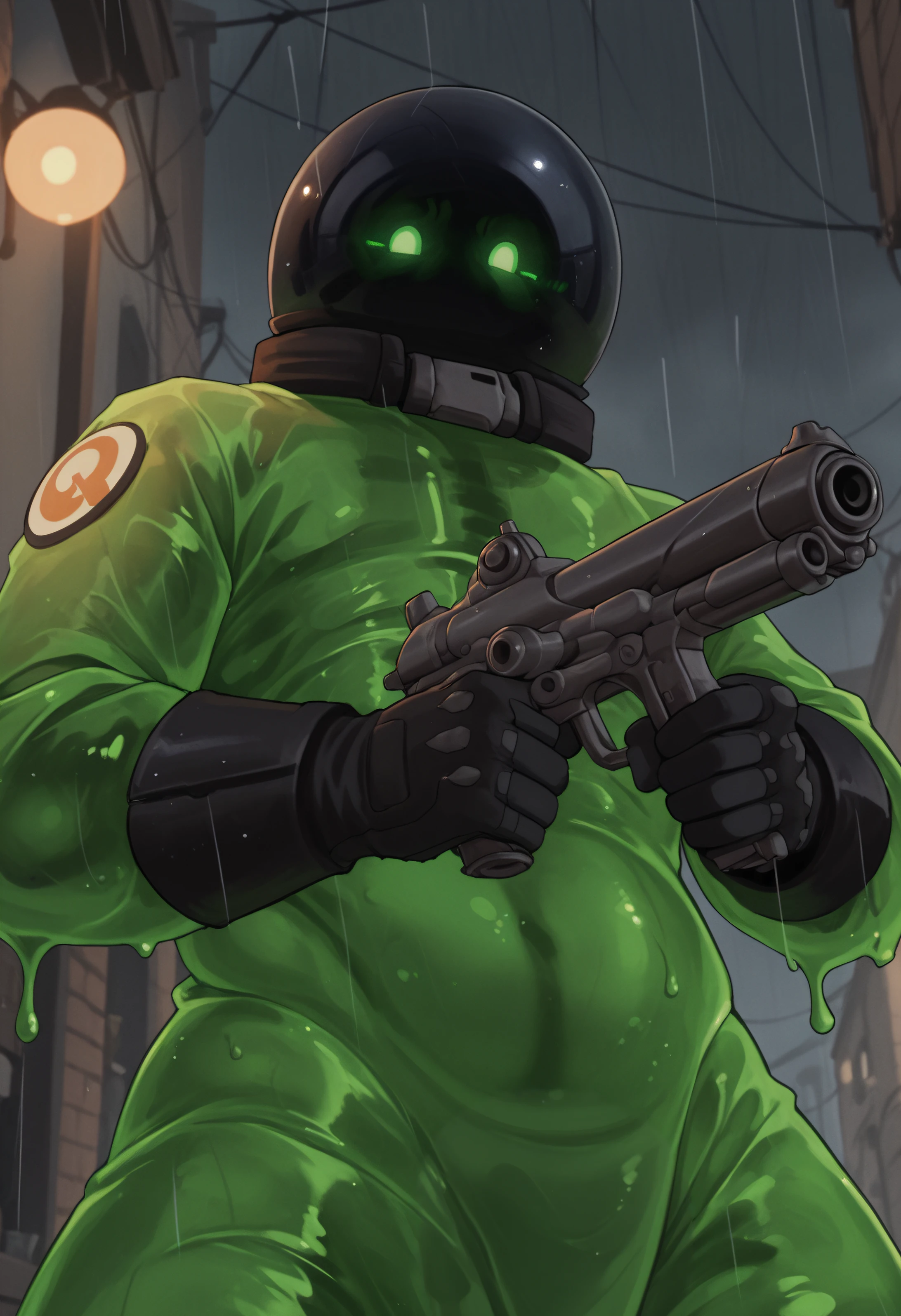 score_9, score_8_up, score_7_up, score_6_up, score_5_up, score_4_up, BREAK viscouspdxl, green body, neck collar, green body, 1boy, solo, black gloves, helmet, green eyes, (translucent), slime, cowboy shot, 5 fingers, glowing eyes, holding gun, gun, rain, outside, ribs, alley, from below, looking at viewer,  closeup, <lora:Viscous2:0.75>