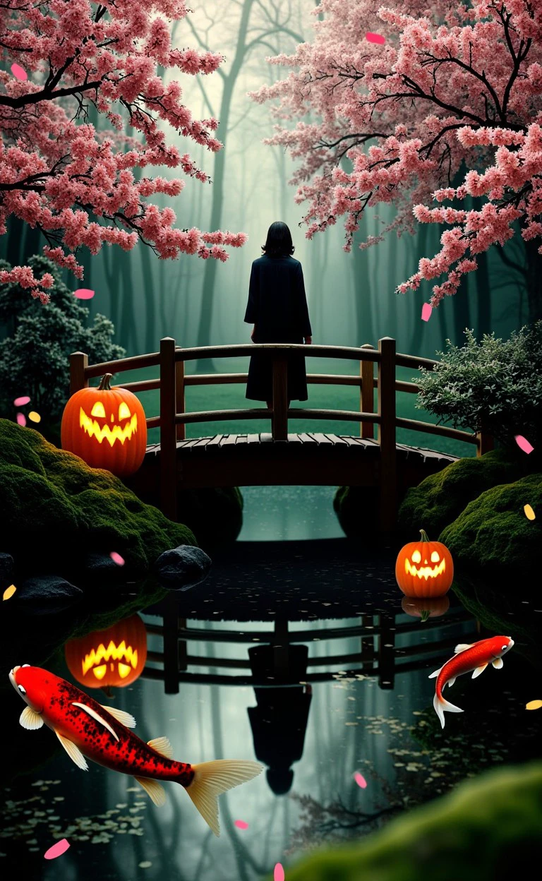 halcriply style, pumpkins, dark. Dr. Peter Venkman, pumpkins dark A woman standing on a small bridge in a Japanese garden, surrounded by softly falling cherry blossoms, with koi fish swimming below in the tranquil pond. 
<lora:flux_halloween_s06_creepy_pumpkins_halcriply_style:1.2>