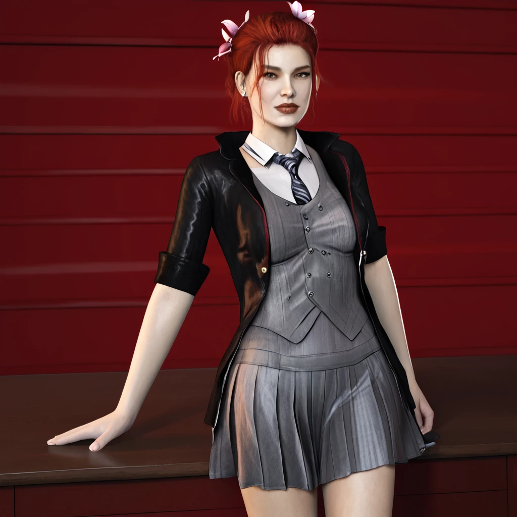 <lora:poisonivyarkhamknight_pony_v3:0.75> PoisonIvyArkhamKnight, 1girl, flower, short hair, cowboy shot <lora:1014 Home wear 32_v1_pony:1> uanyi1014,black jacket,grey skirt,grey vest,pleated skirt,striped necktie,clasp,